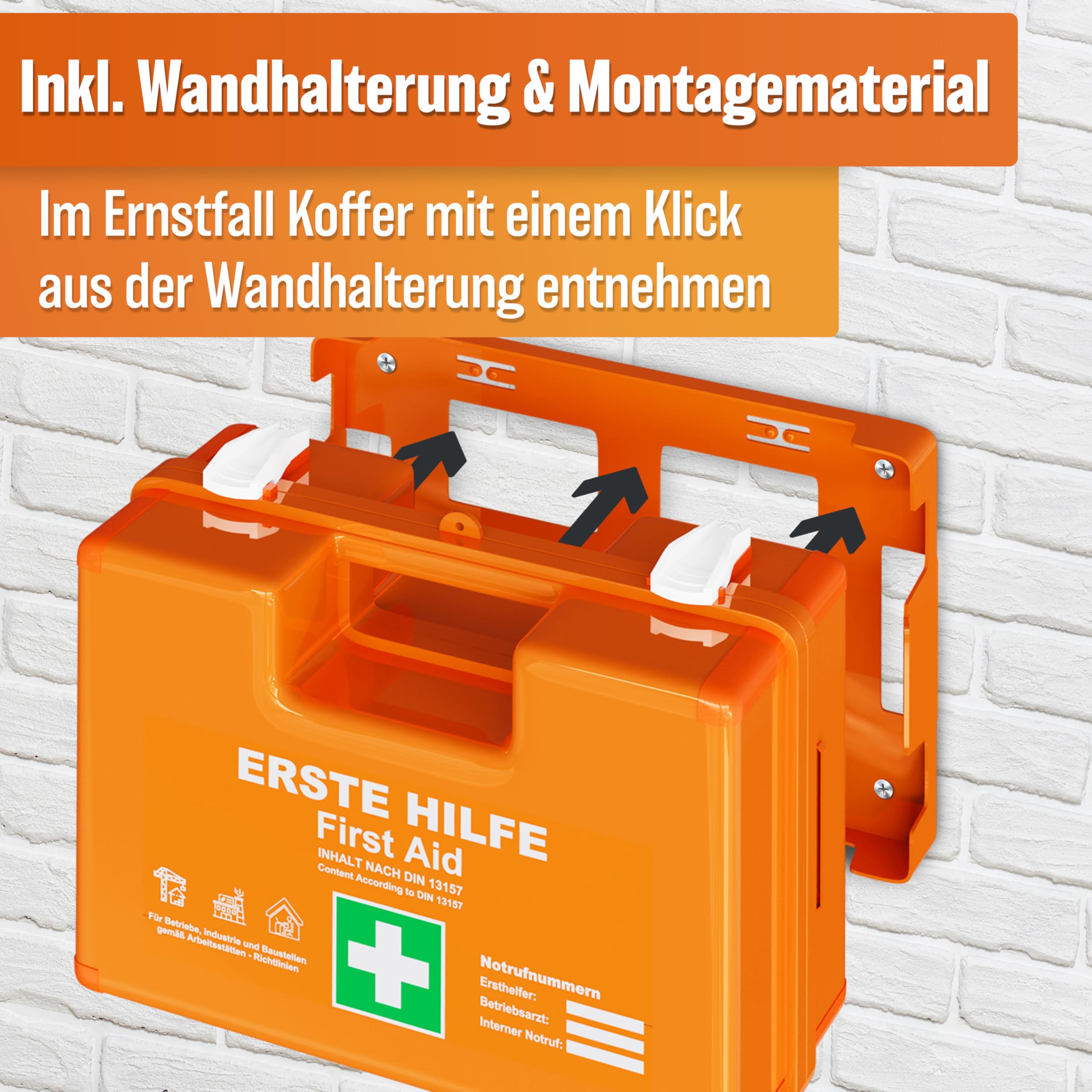 HELDENWERK Trousse de premiers secours selon la nouvelle norme DIN 13157:2021 avec support mural et autocollants | Mallette de premiers secours universelle pour entreprise, maison ou restauration