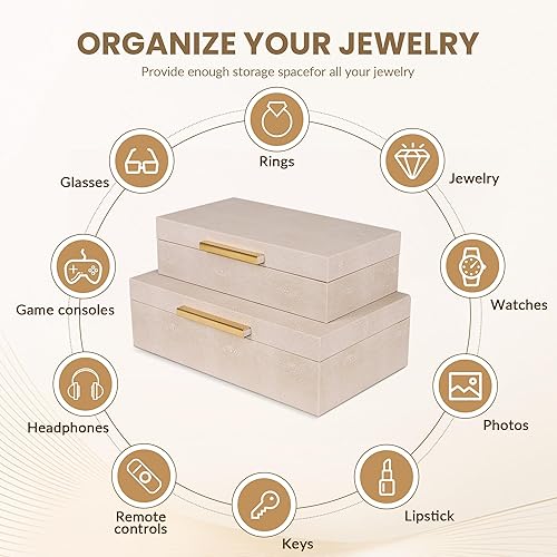 Miniatura 6 de Hanna Roberts Joyero apilable de piel sintética con organizador de tapas, juego de 2 cajas de almacenamiento decorativas Shagreen beige con asas de