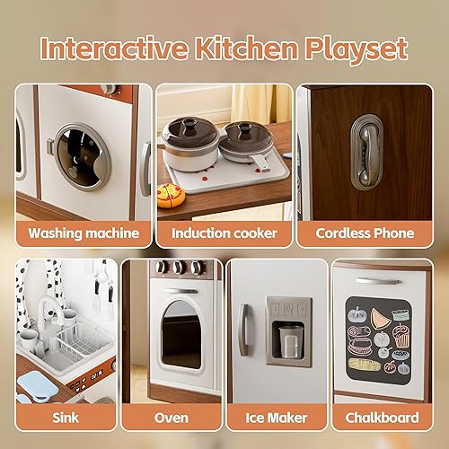 Miniatura 3 de Juego de cocina para niños pequeños, cocina de juguete de madera con mesa giratoria, juego de cocina para niños de esquina para niñas y niños a