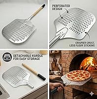Vista 4 de Pala profesional de aluminio para pizza con mango de madera de haya desmontable y agarre ergonómico, paleta perforada de metal antiadherente de 14 x
