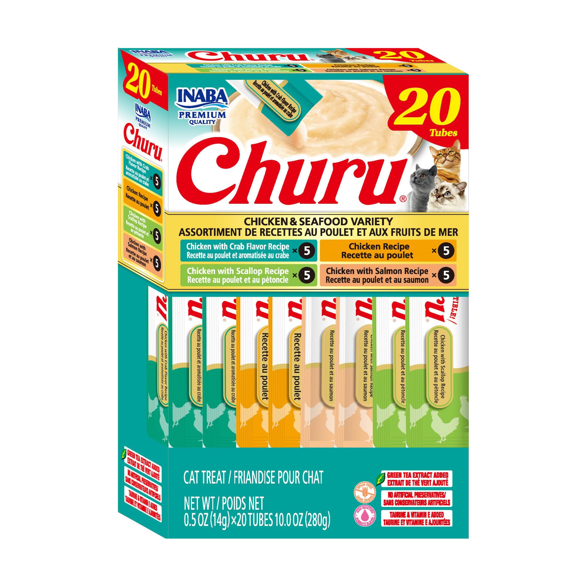 INABA Churu Cat Treats, Lickable, Squeezable Creamy Purée Cat Treat with Green Tea Extract &amp; Taurine, 0.5oz. Each Tube, 20 Tubes, Chicken &amp; Seafood Variety