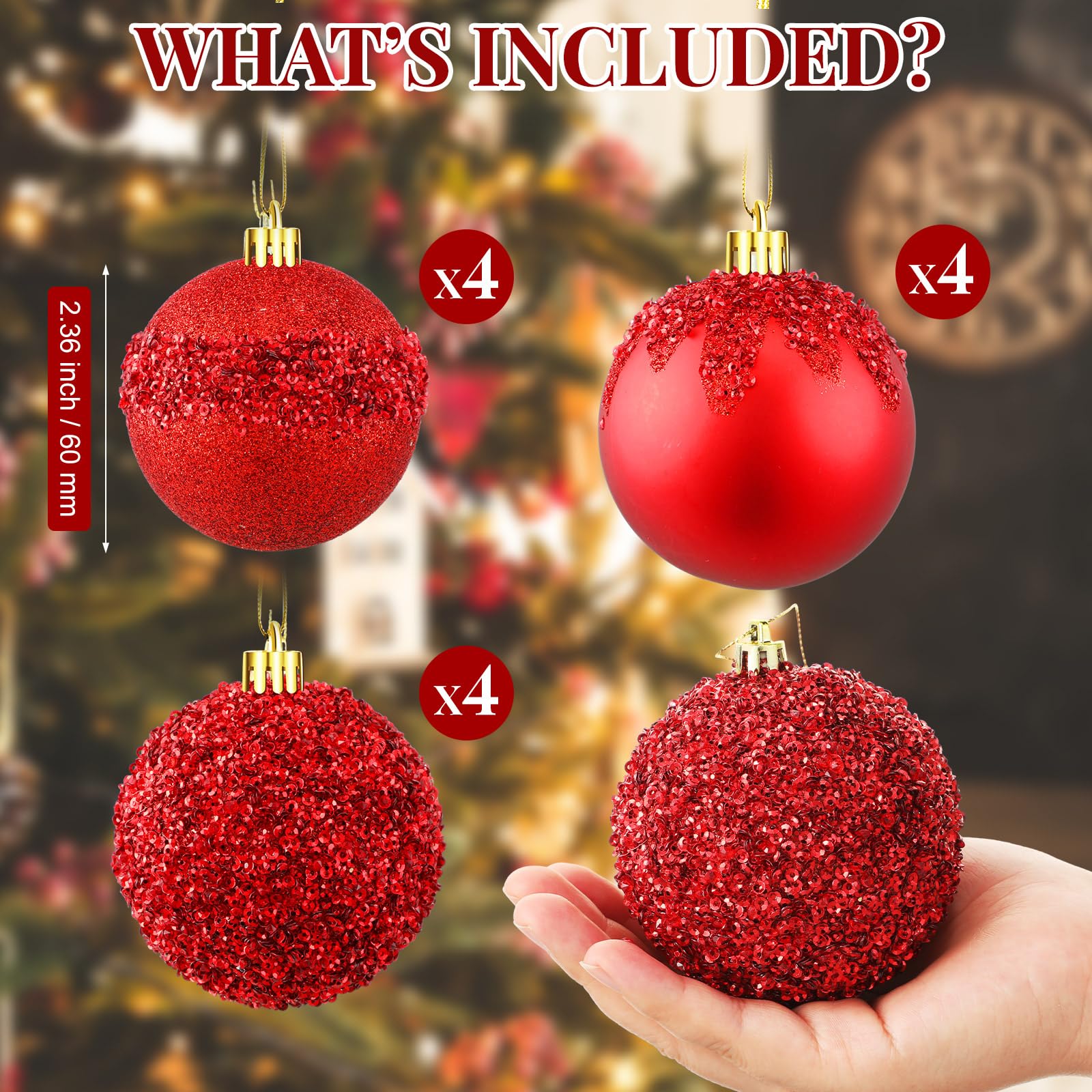 Syhood 12 adornos de bolas de Navidad con purpurina y lentejuelas de diamantes de imitación, bolas de Navidad colgantes para árboles de Navidad, bodas, fiestas, decoraciones de vacaciones (rojo, 3.15