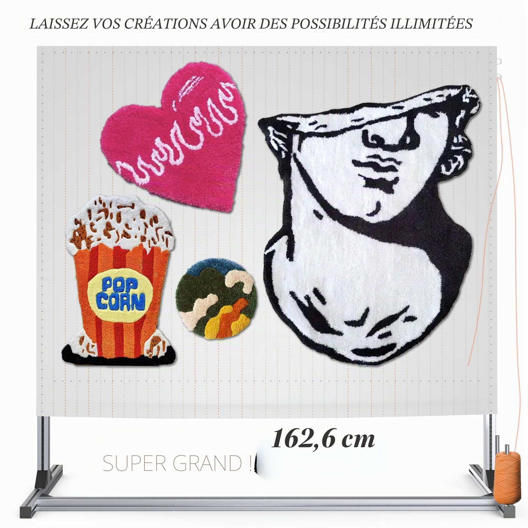 NODOCA Cadre à tufting de 160 cm, cadre à tufting pour tapis, kit de tufting, cadre en aluminium métallique pour la fabrication de tapis, support principal en tissu pour tufting, kit de tufting pour