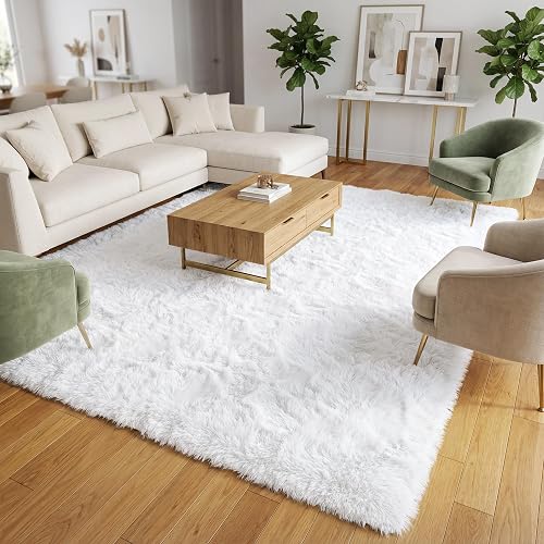Merelax Soft Modern Indoor Large Shaggy Rug for Livingroom Bedroom Dorm Kids Room Home Decorative, Non-Slip Plush Fluffy Furry Fur Area Rugs Comfy Nursery Accent Floor Carpet 6x9 Feet, White