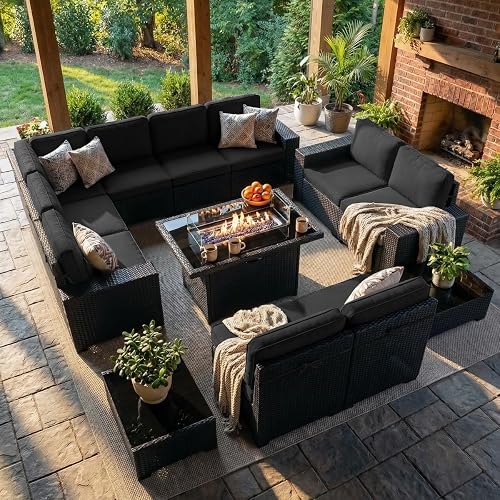LayinSun 13 Pieces Outdoor Patio Furniture Set with 44" Fire Pit Table Rattan Sectional Sofa Conversation Sets