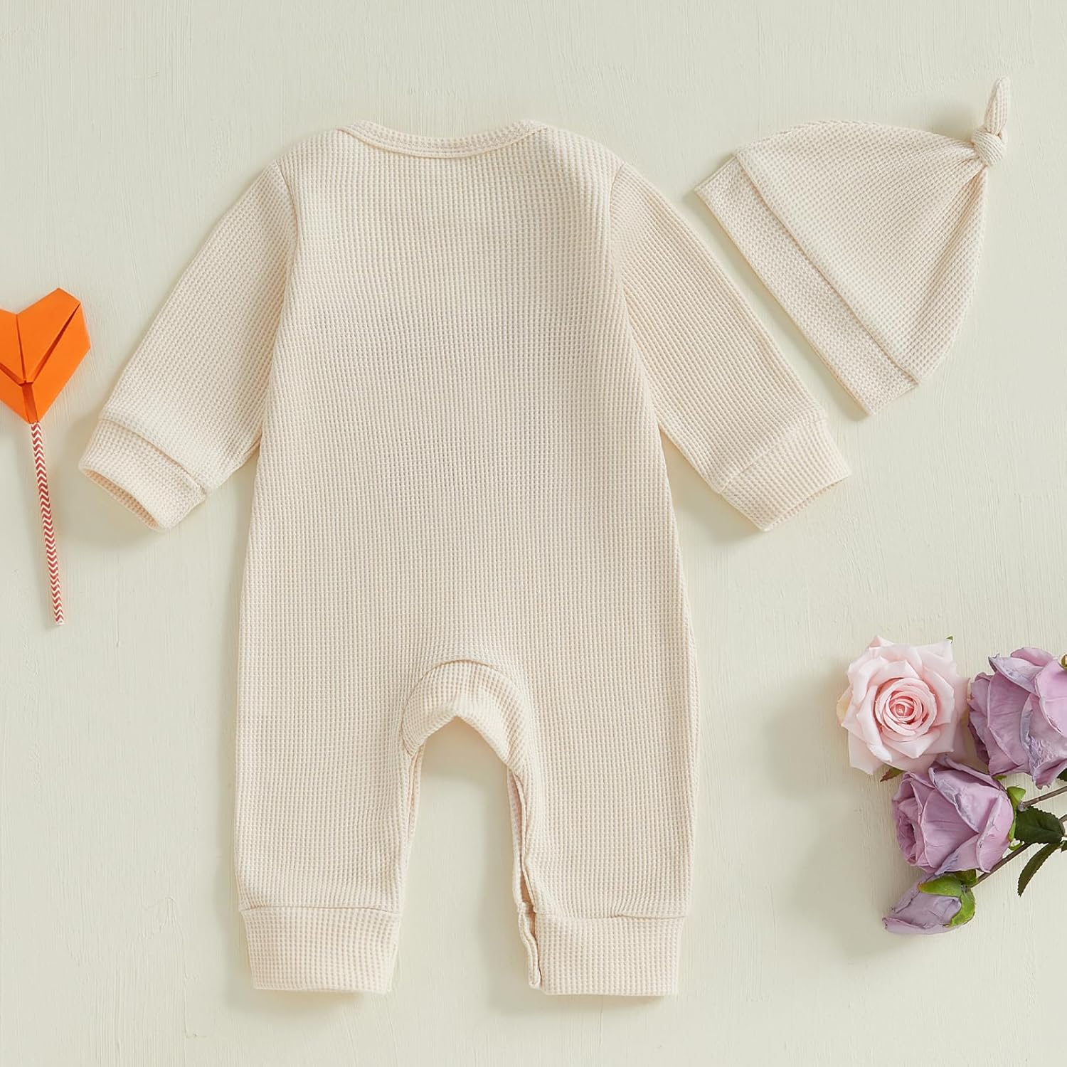 Newborn Baby Boy Valentines Outfit Letter Embroidery Waffle Knit Romper Jumpsuit Long Sleeve Knit Bodysuit Hat - Image 4