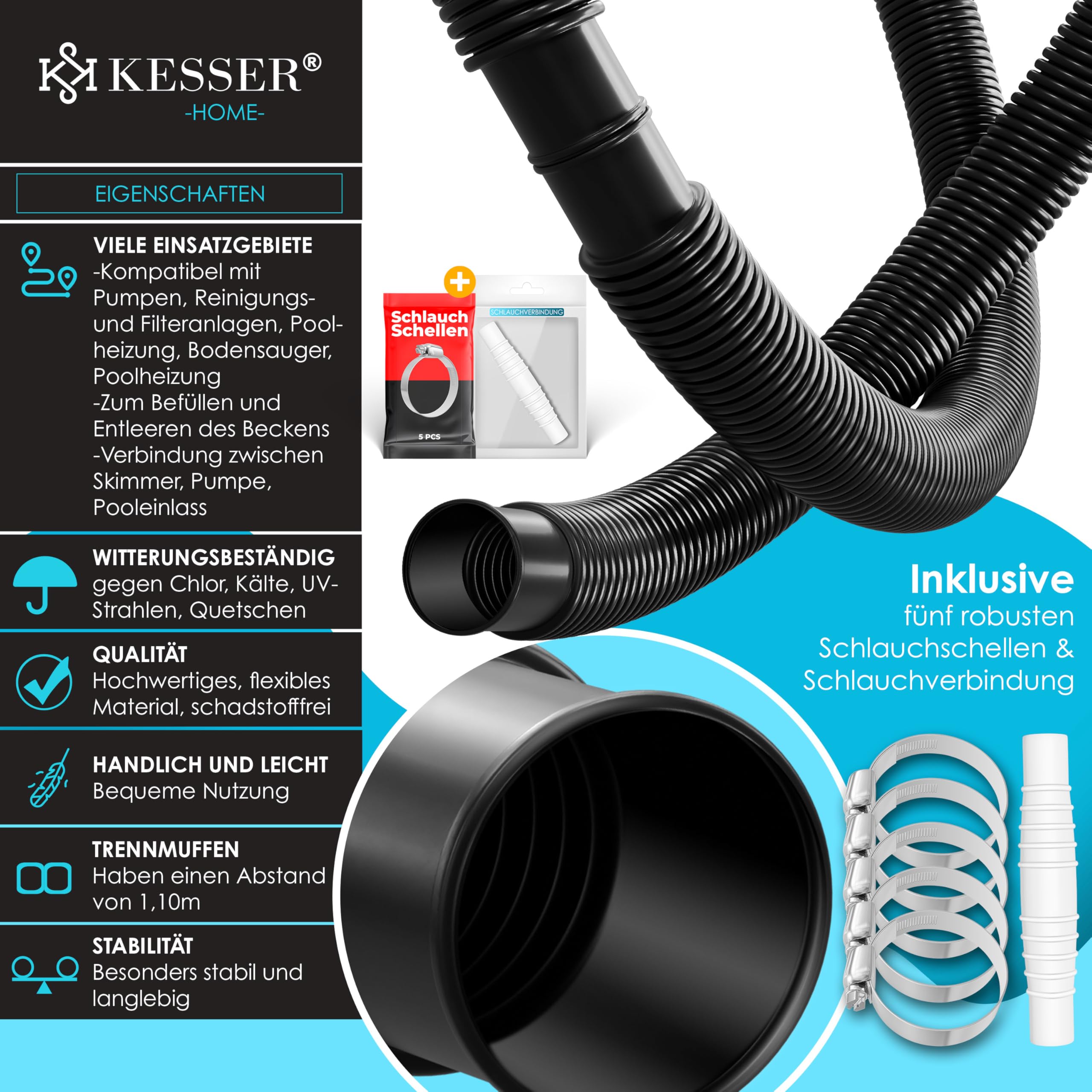 KESSER® Tuyau de bassin | Tuyau de piscine avec manchons | Tuyau solaire pour piscine et bassin | Tuyau d'aspiration | Tuyau de pompe | Tuyau d'eau flexible 8m / Ø 38mm, noir