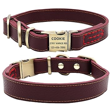 Youyixun Personalized Dog Collar, Customize Engraved Dog Collar with Name and Phone Number, Adjustable Genuine Leather Dog ID Collar-Claret,Small