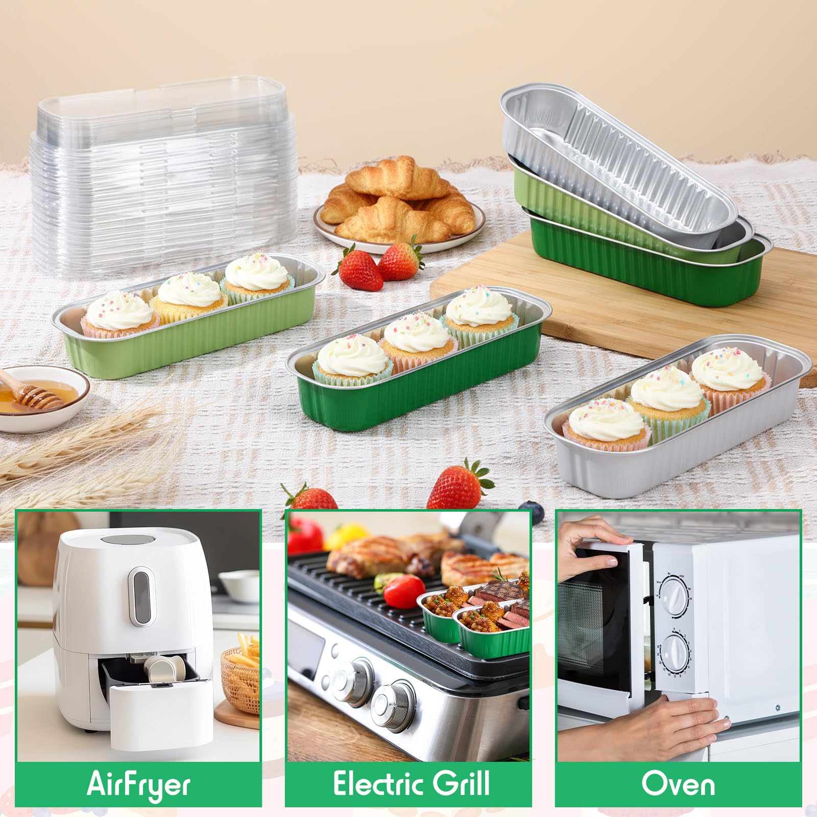 Blushtier 540 mini moldes para pan con tapas y cucharas, 6.75 onzas, moldes rectangulares de papel de aluminio para hornear mini moldes para pan postres (color verde y blanco, estilo rectangular)