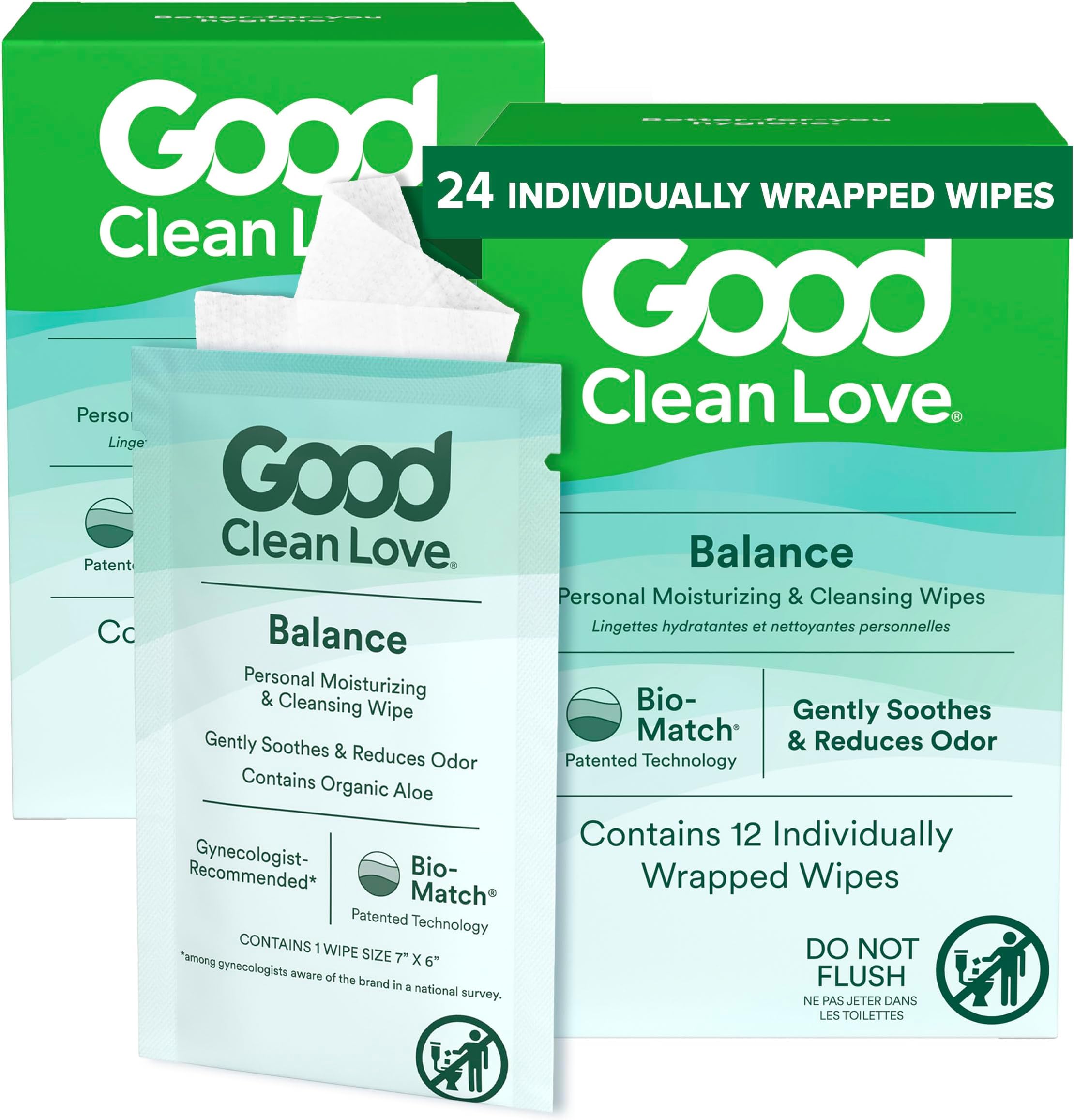 Good Clean Love Balance pH-Balanced Feminine Wipes, Supports Vaginal Health Naturally & Reduces Odor, Non-Irritating Moisturizing & Cleansing Hygiene Product Made with Organic Aloe, (24 Count)