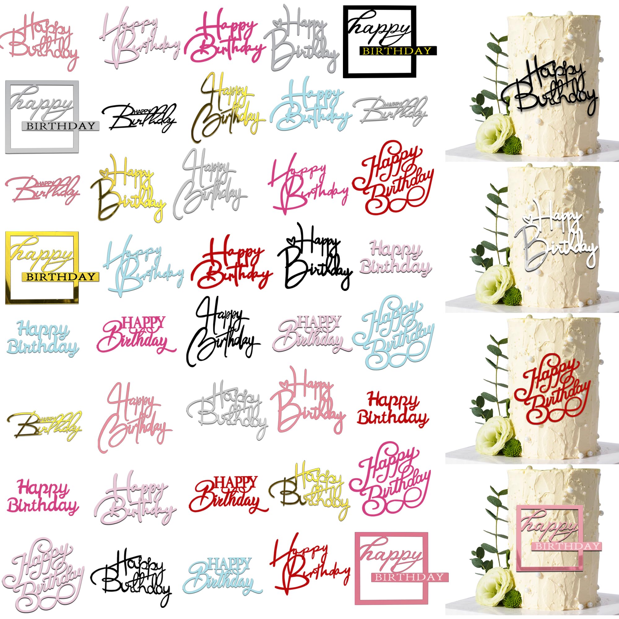40 PCS Happy Birthday Cake Toppers Mirror Acrylic Toppers with 10 Styles 8 Colors for Birthday Party Cake Desserts Pastries