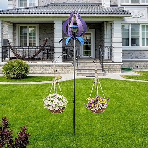 Miniatura 2 de Molino de viento para patio, decoración de metal al aire libre, gancho de pastor de veleta arco iris, cesta floral de coco, hilandero de viento de
