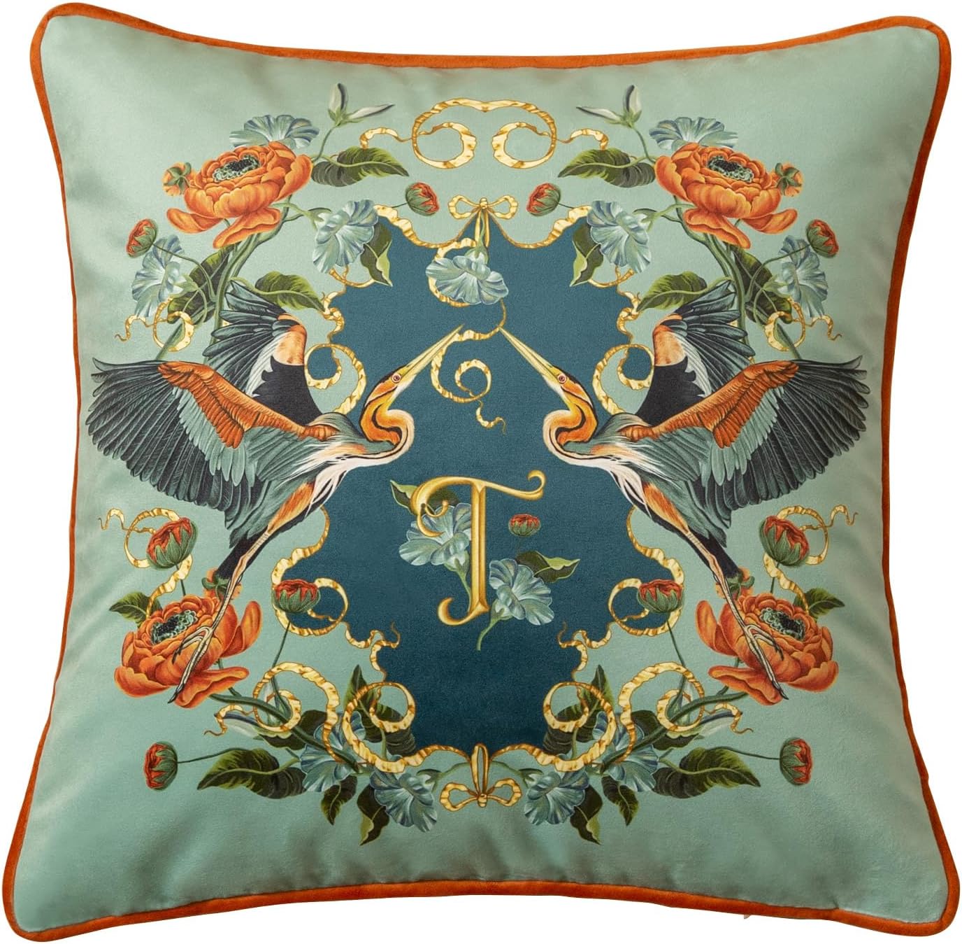 Euro Shams Velvet Teal Throw Pillow Covers 18x18, Bird Pillow Covers Animal Print Accent Pillow for Bed Couch Grandmillennial Home Decor, Floral Heron