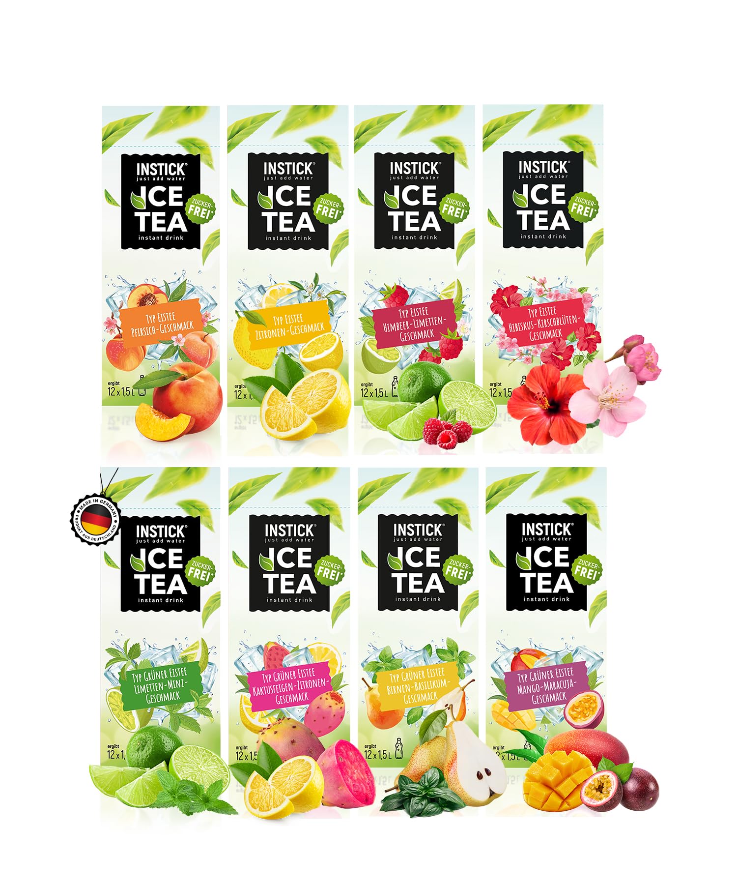 INSTICK Ice Tea Zuckerfreies Instant-Getränk (Eistee Bundle L) - 96 Sticks - 1 Stick für 1,5-2,5 L - Veganes Getränkepulver Kalorienarm & Vitamin C - Instant-Pulver