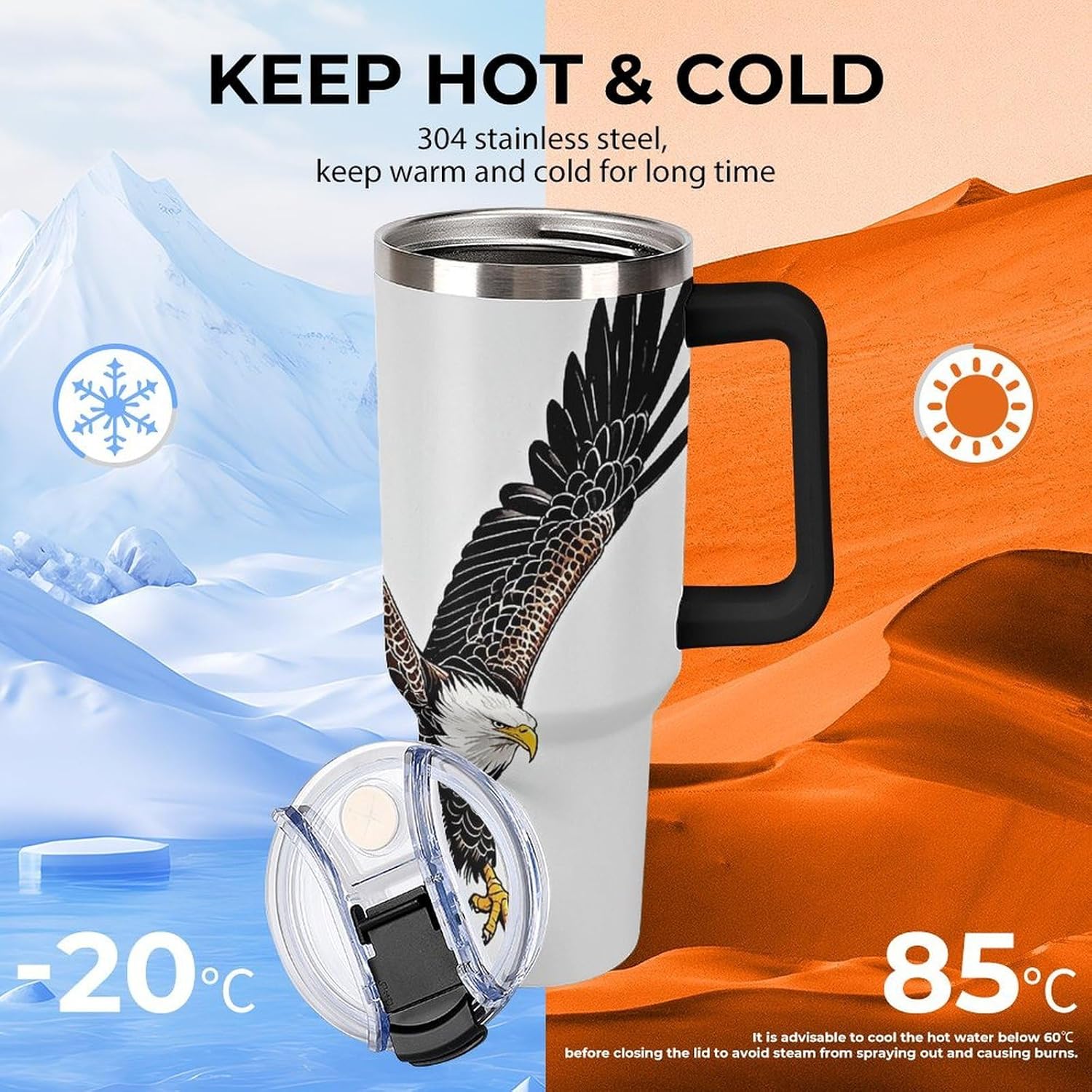 40 Oz Tumbler with Straw And Lid Sketch of Bald Eagle Diving Insulated Travel Coffee Mug Stainless Steel Water Bottle Vacuum Insulated Tumblers for Sport Work Car Travel Weekends