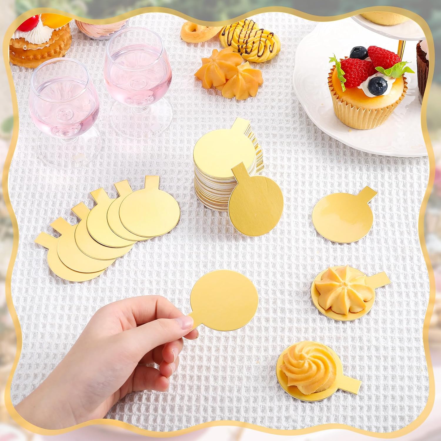 Teenyyou 200 Pcs 2 Inch Mini Cake Boards with Tab Small Round Dessert Plates Bulk Pastry Waxed Cake Coaster for Cupcake Tiny Dessert Display Trays, Party Wedding Birthday Party Favors(Gold)