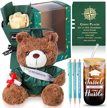 Vinsot Graduation Gifts Set Plush Bear, Soap Flower, 16 Oz Glass Bottle, Notebook, 3 Pens - Class of 2025 Graduation Gift for Him/Her Dark Green