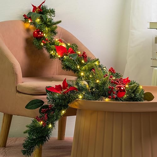 Miniatura 6 de YULETIME Guirnalda de Navidad iluminada de 6 pies, funciona con pilas con 20 luces de hadas, guirnalda artificial, bolas rojas, bayas, flor de