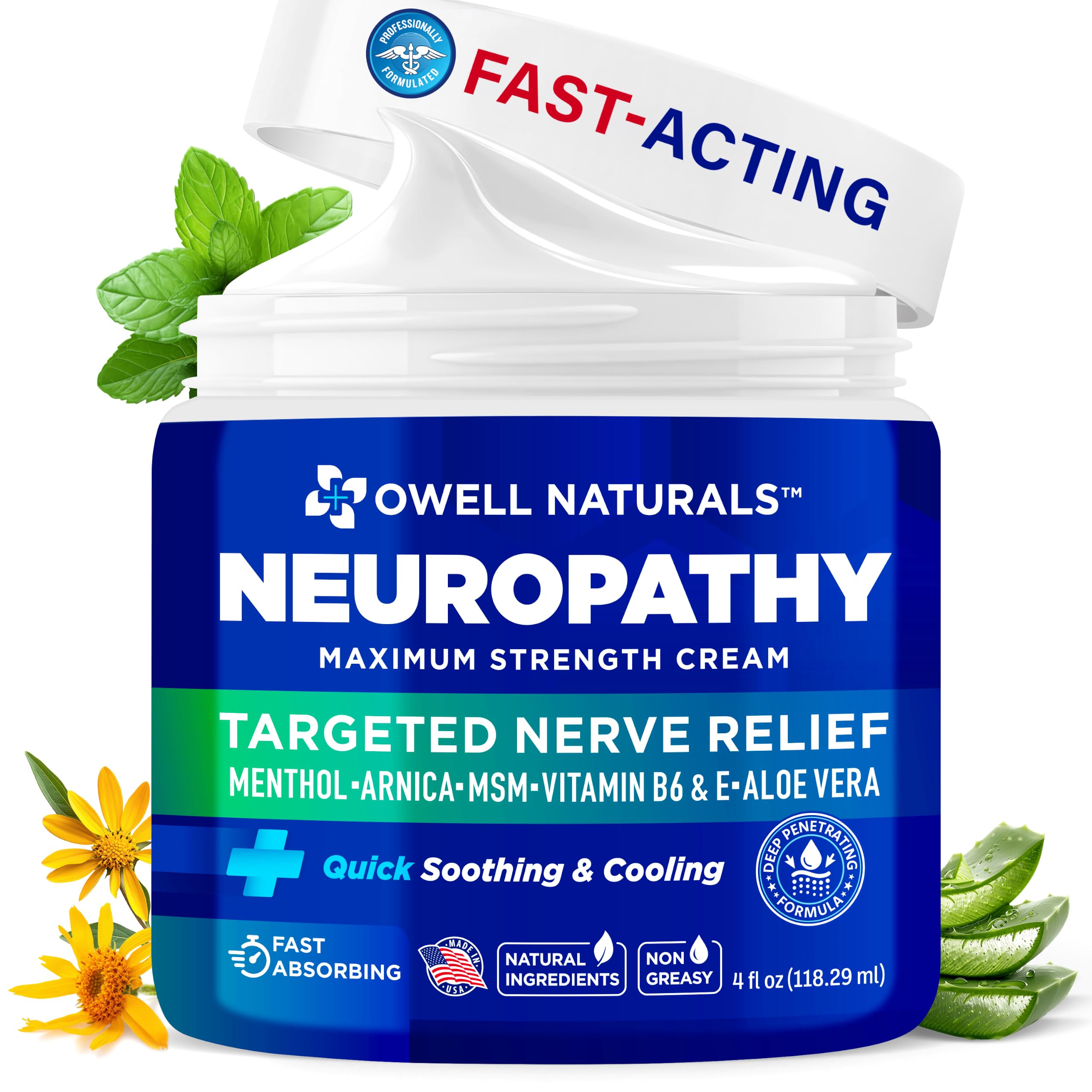 Owell Naturals Neuropathy Cream Extra Strength – Fast Absorbing Cooling for Leg, Feet &amp; Hands – Advanced Soothing Formula with Aloe Vera, Arnica, MSM &amp; Vitamin B6 – Made in USA, 2 fl oz