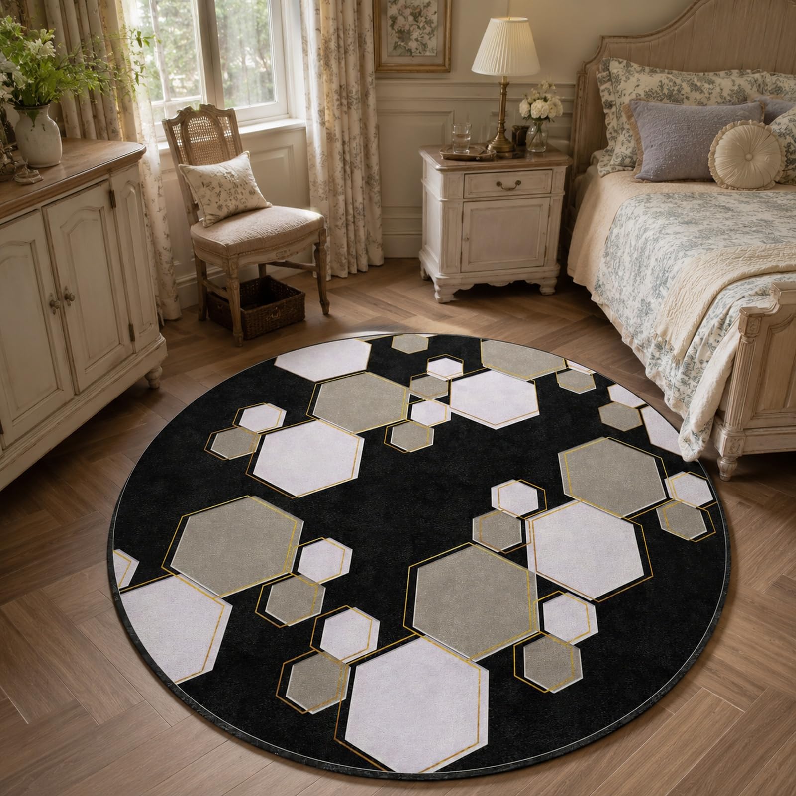 Tapis rond géométrique moderne de 110 cm en noir et jaune