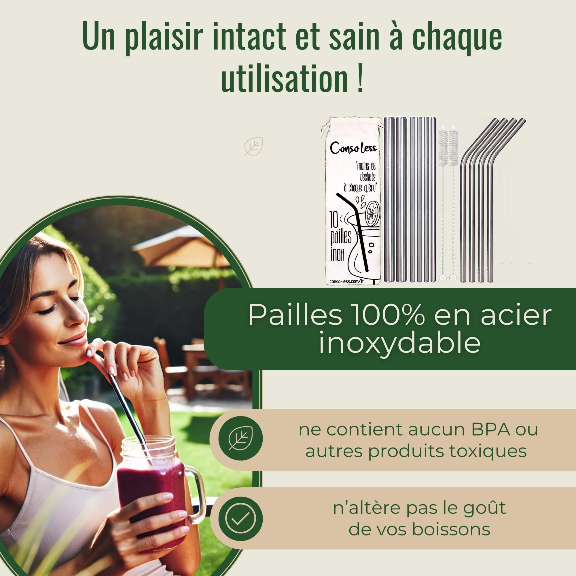 Navaris Pailles inox - Lot de 4 pailles réutilisables en acier