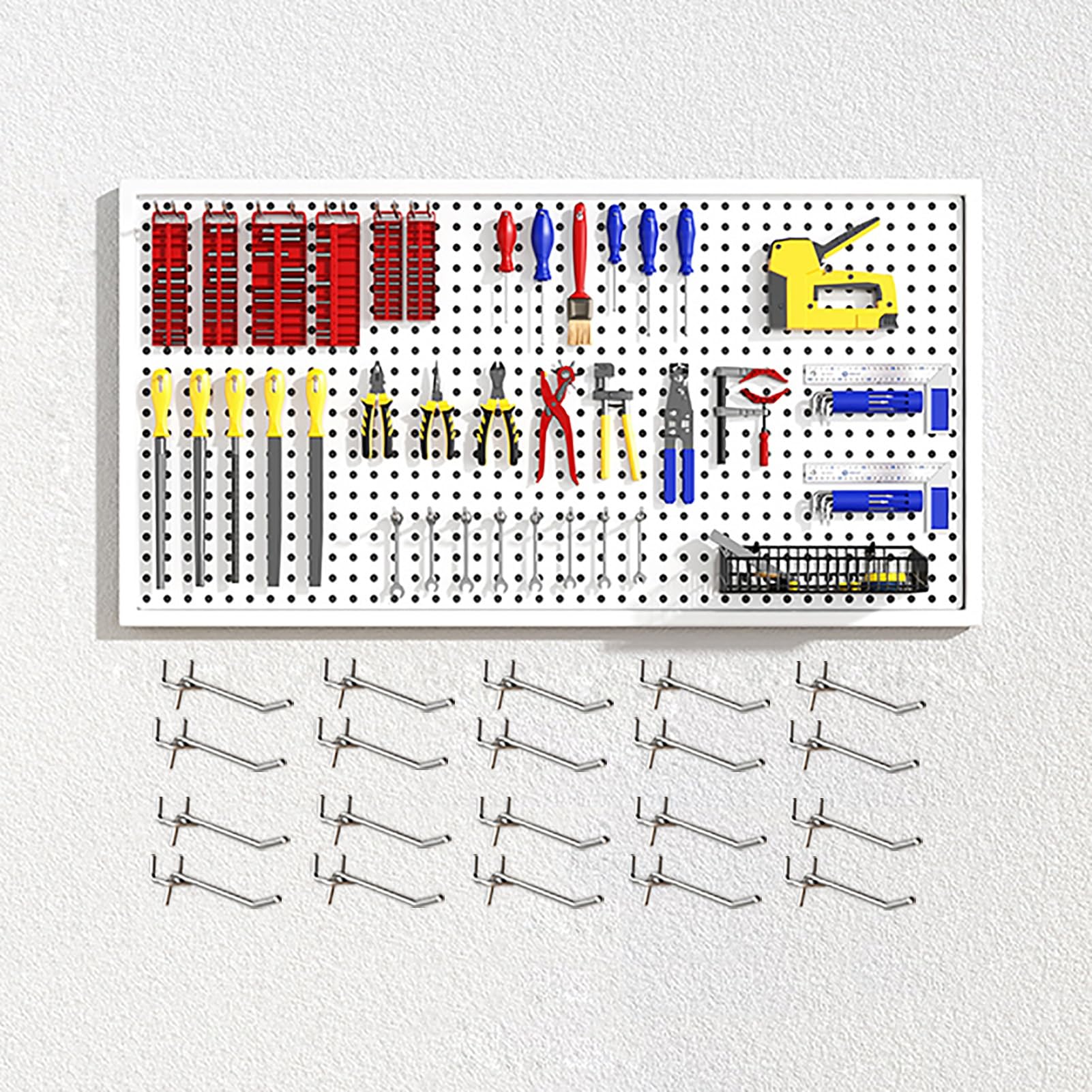 Metalowy organizer na narzędzia z haczykami, system do przechowywania ścian garażowych, zestaw 120 x 50 cm, trwały uchwyt na narzędzia do domowego warsztatu i garażu
