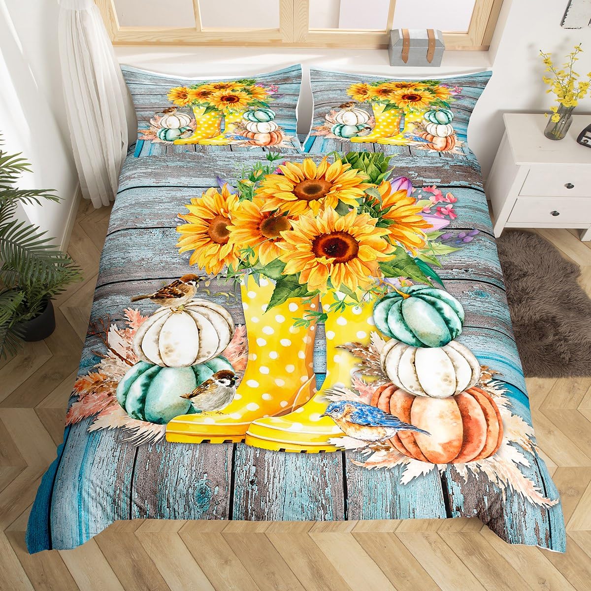 Fall Duvet Cover Set Super King Size, Yellow Boots Sunflower Pumpkin Leaf Bedding Set 3pcs for Kids Boys Girls, Retro Blue Wooden Plank Comforter Cover Autumn Harvest Quilt Cover with 2 Pillowcases