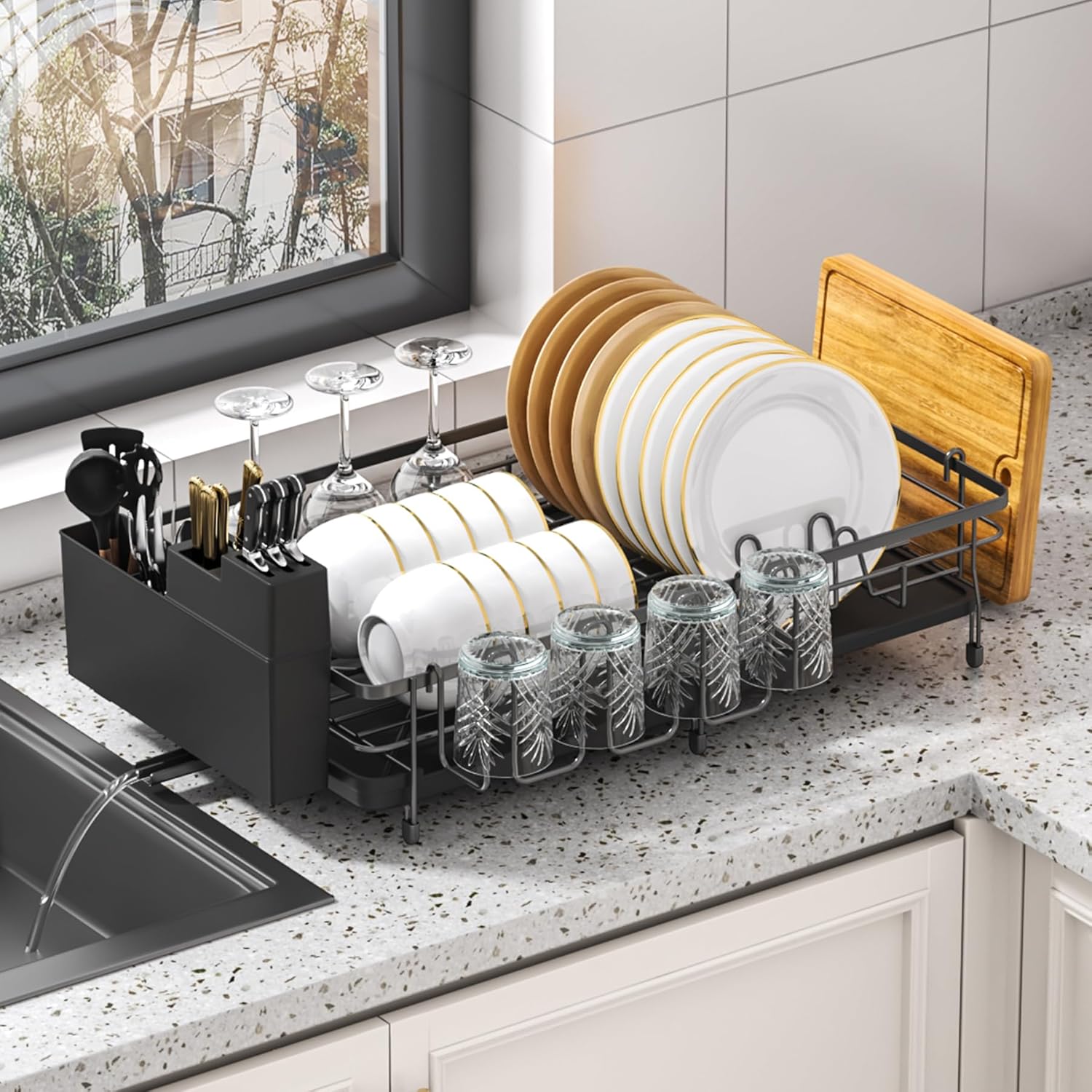 Foldable Dish Drying Rack for Kitchen Counter, Drying Rack Kitchen Counter, Sink Dish Drainer with Plate Holder, Small Kitchen Dish Strainer & Dish Dryer Organizer, Adjustable 13.7"-22.83"