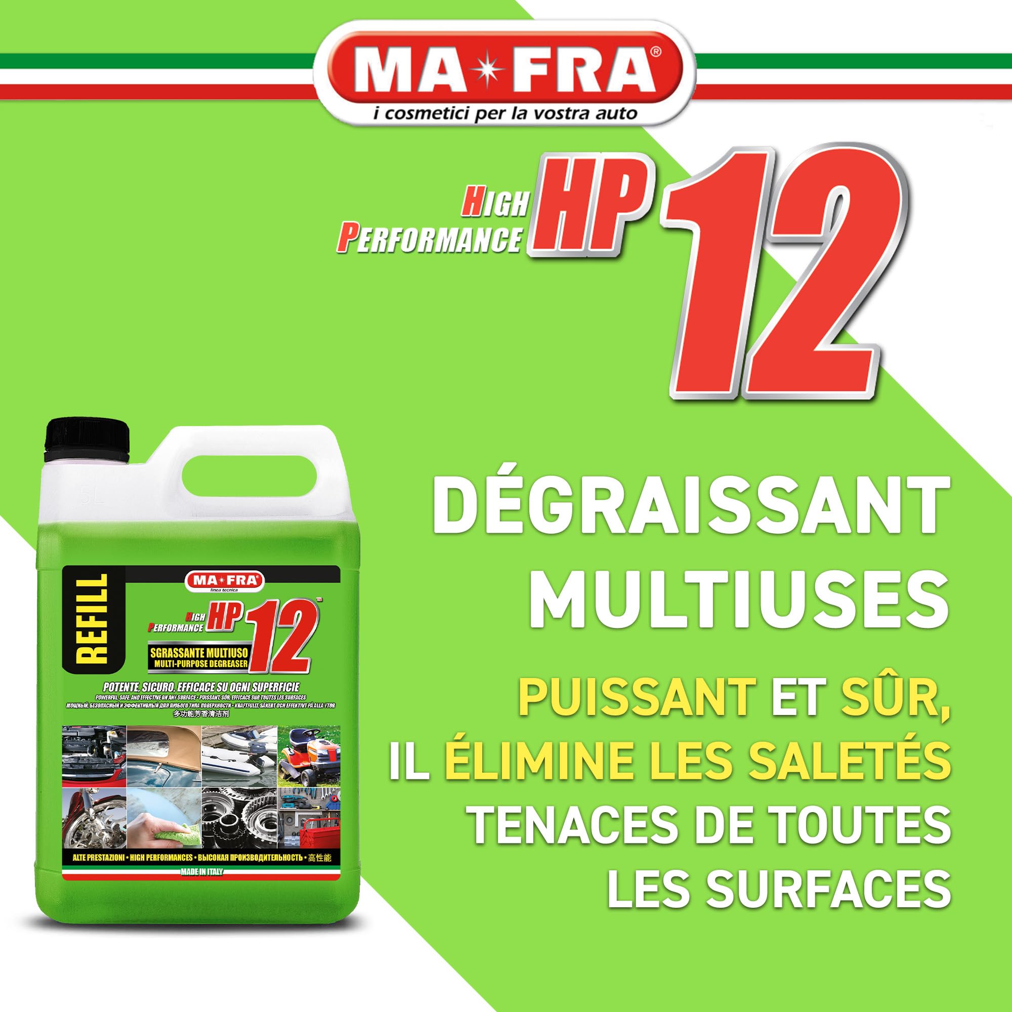 Mafra, HP12, Dégraissant universel multi-usages avec formule active, convient à toutes les surfaces, puissant et sans danger pour les pièces traitées, idéal pour le nettoyage des voitures 4500ml
