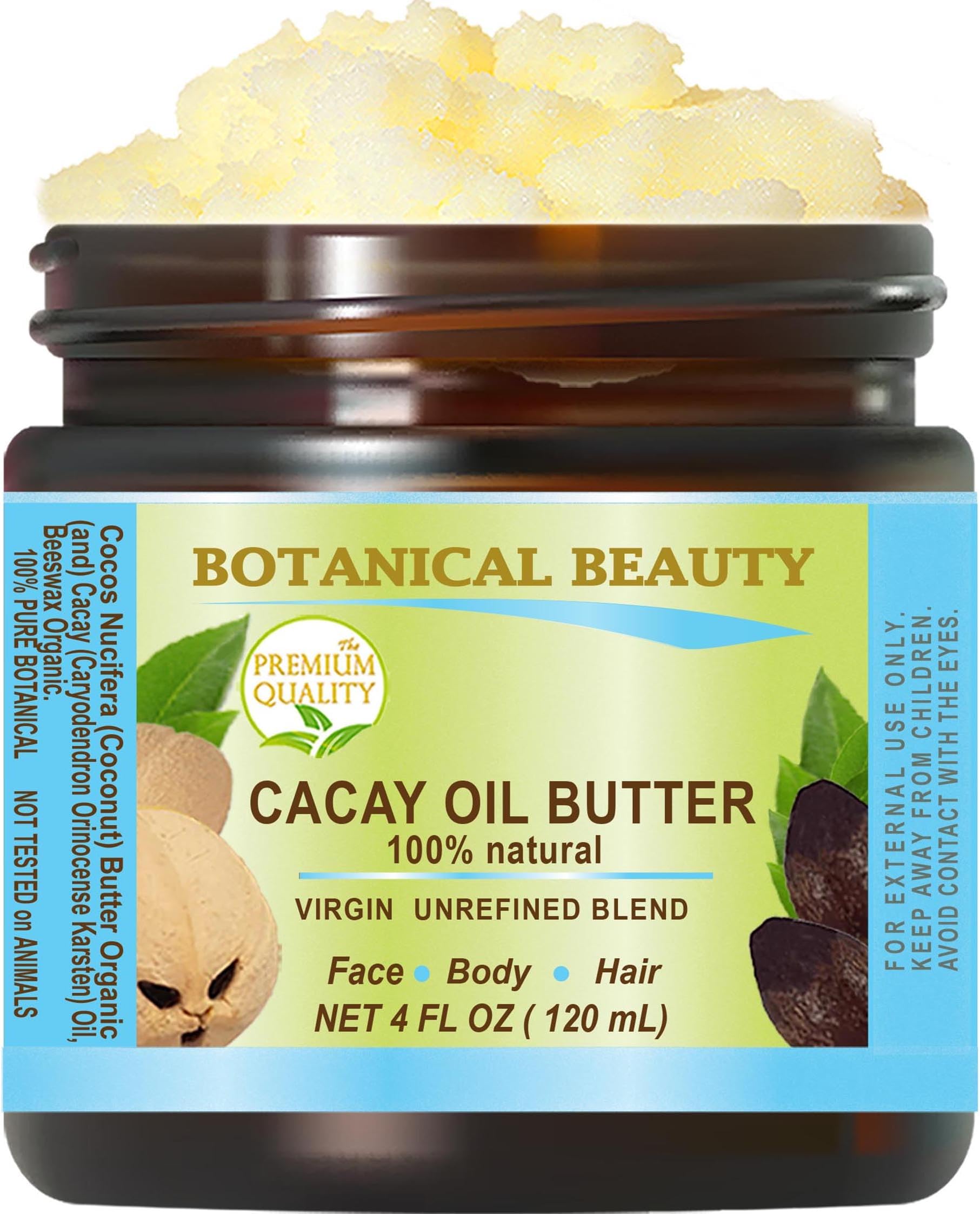 Botanical Beauty CACAY OIL BUTTER Pure Natural Virgin Unrefined RAW for FACE SKIN BODY HAIR NAILS Vitamin C Vitamin E (4 Fl Oz)