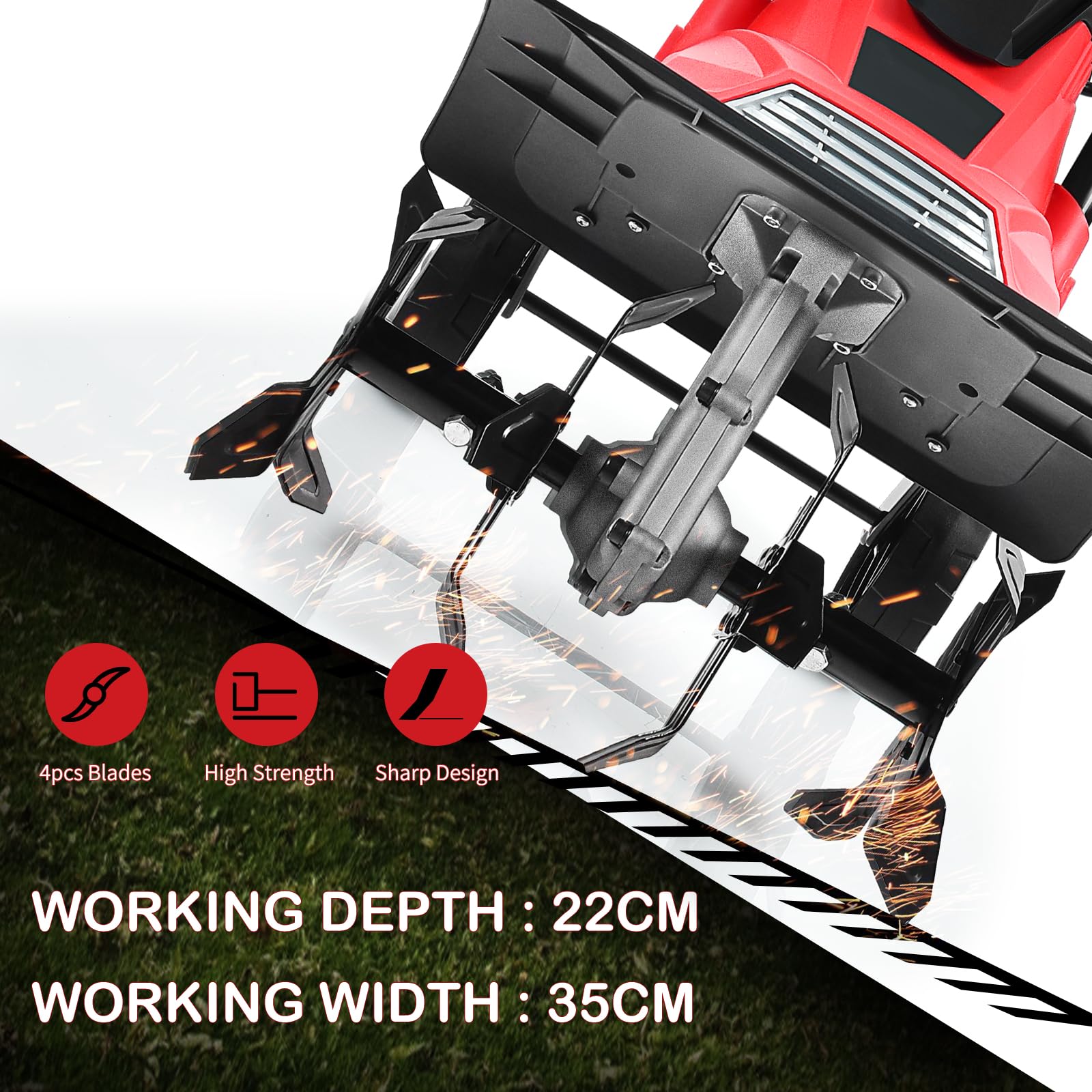 SOARS Motobinadora eléctrica 1500 W, ancho 35 cm, profundidad 22 cm, ruedas plegables y altura ajustable, diseño doble seguridad, motocultor eléctrico para invernadero, jardín, campo, patio trasero (4
