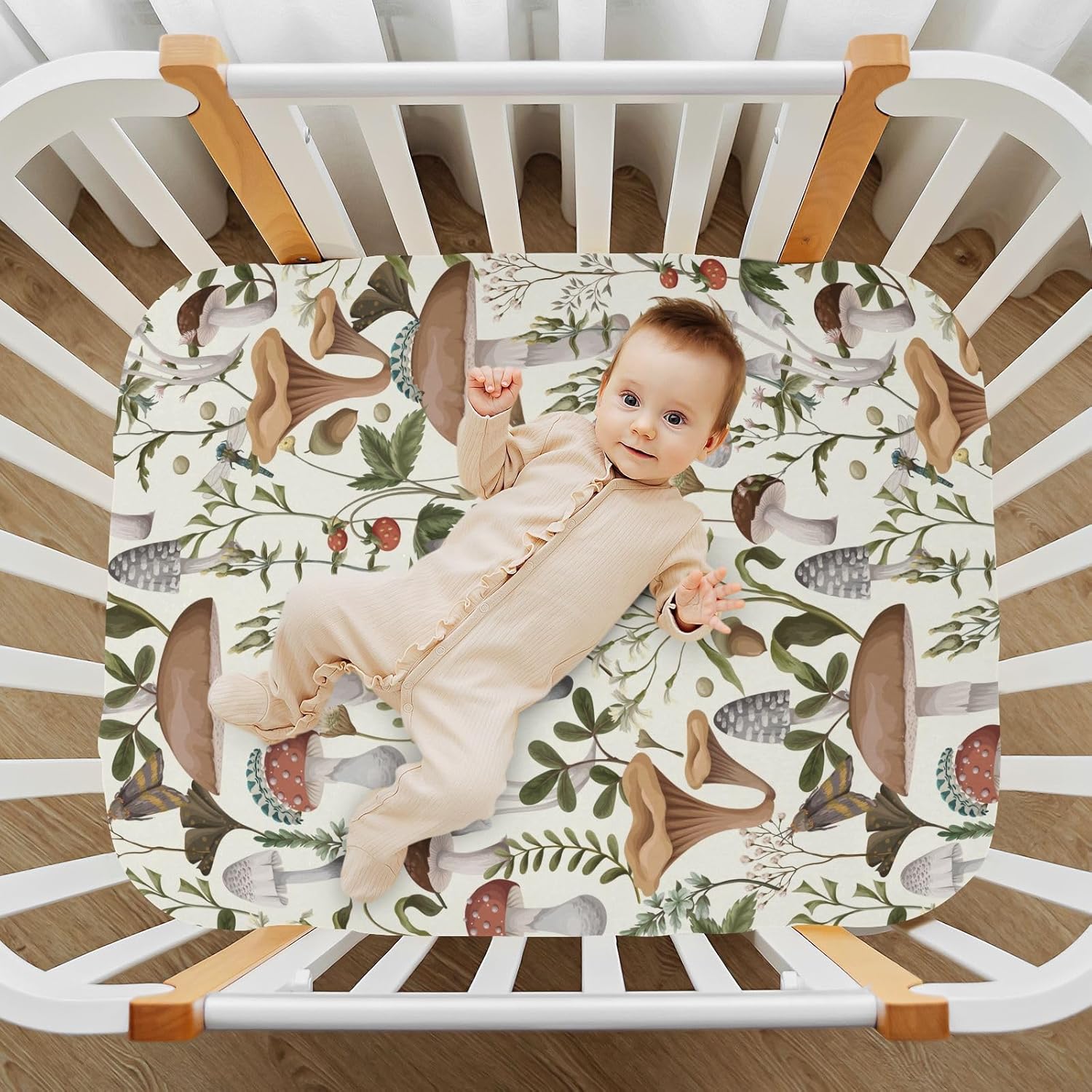 Mushrooms and Berries Crib Sheets Soft Mattress Cover for Baby and Toddler Comfort, Standard Size, Breathable and Fitted Sheet with Neutral Design, 28"x52"