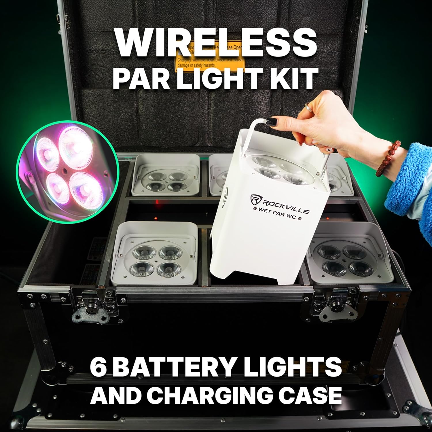 Rockville Wet PAR WC Package White 18W RGBWA+UV Par Wash Lights, Charging Case, IP65 Water-Resistant, App-Controlled, for DJ Events and Venues (6 Lights)