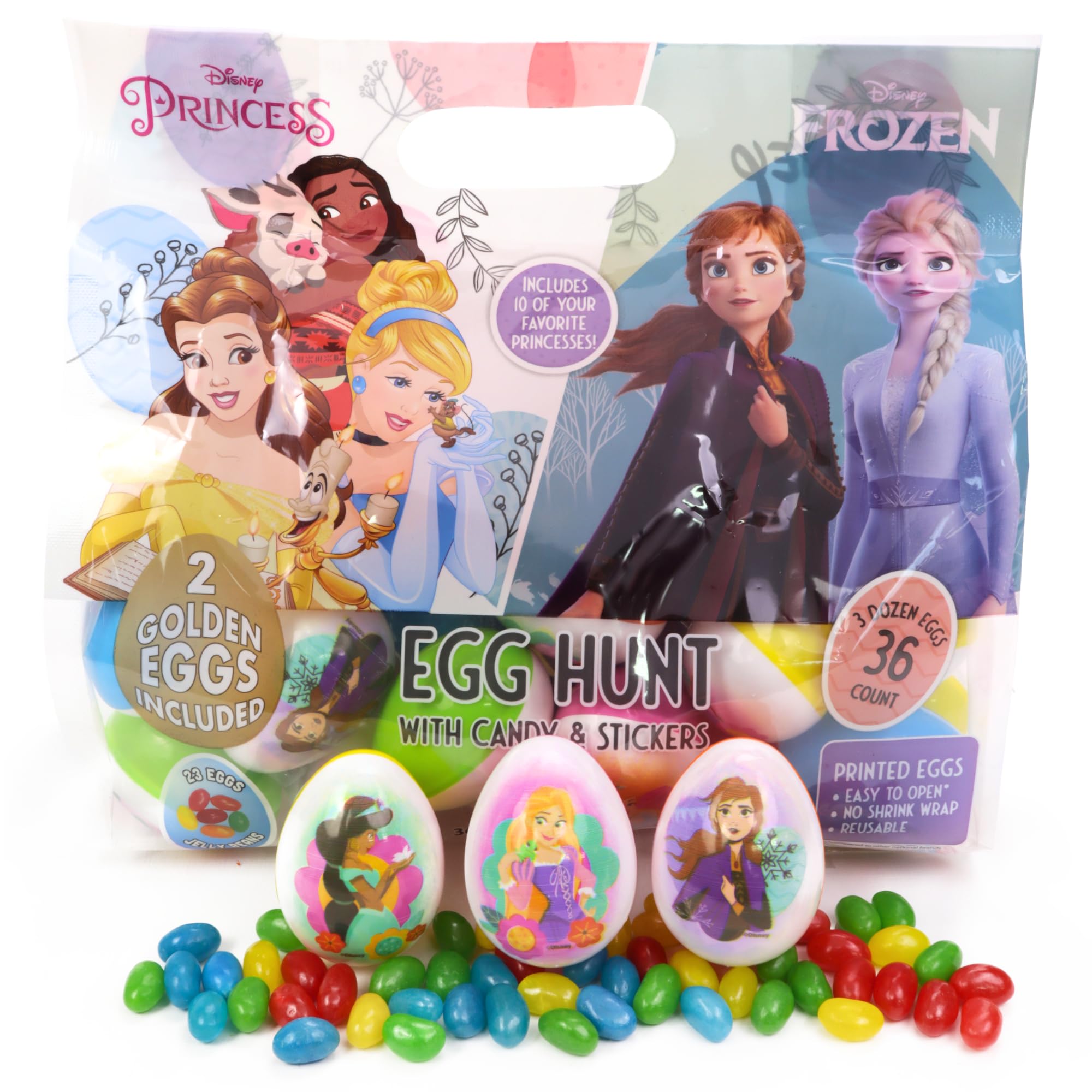 Disney Princess Reusable Easter Eggs, Pre-Filled with Jelly Beans and Stickers, Bulk Egg Hunt Supplies, 36 Total