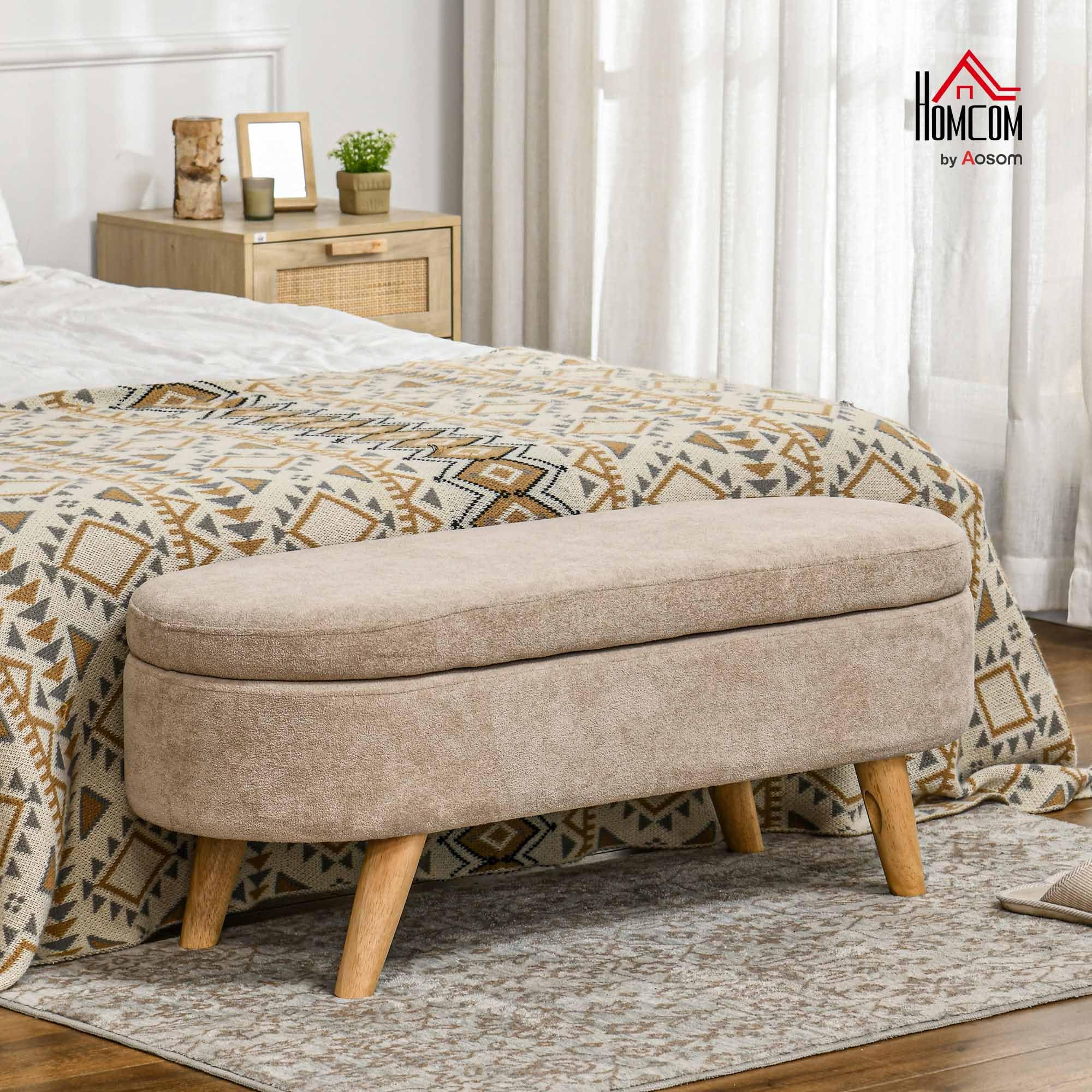 HOMCOM Panca Contenitore Camera da Letto con Spazio Portaoggetti a Scomparsa, Panca Imbottita con Gambe in Legno e Poliestere per Ingresso e Soggiorno, 110x40x43 cm, Beige