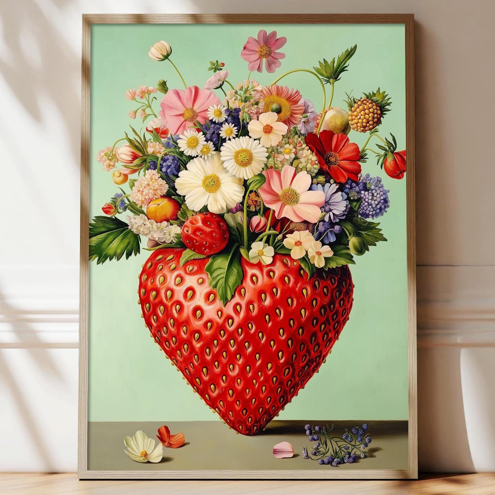 Strawberry Canvas Wall Art Colorful Flower Painting Vintage Strawberry Botanical Prints Funky Fruit Posters Wildflower Bouquet Print Preppy Aesthetic