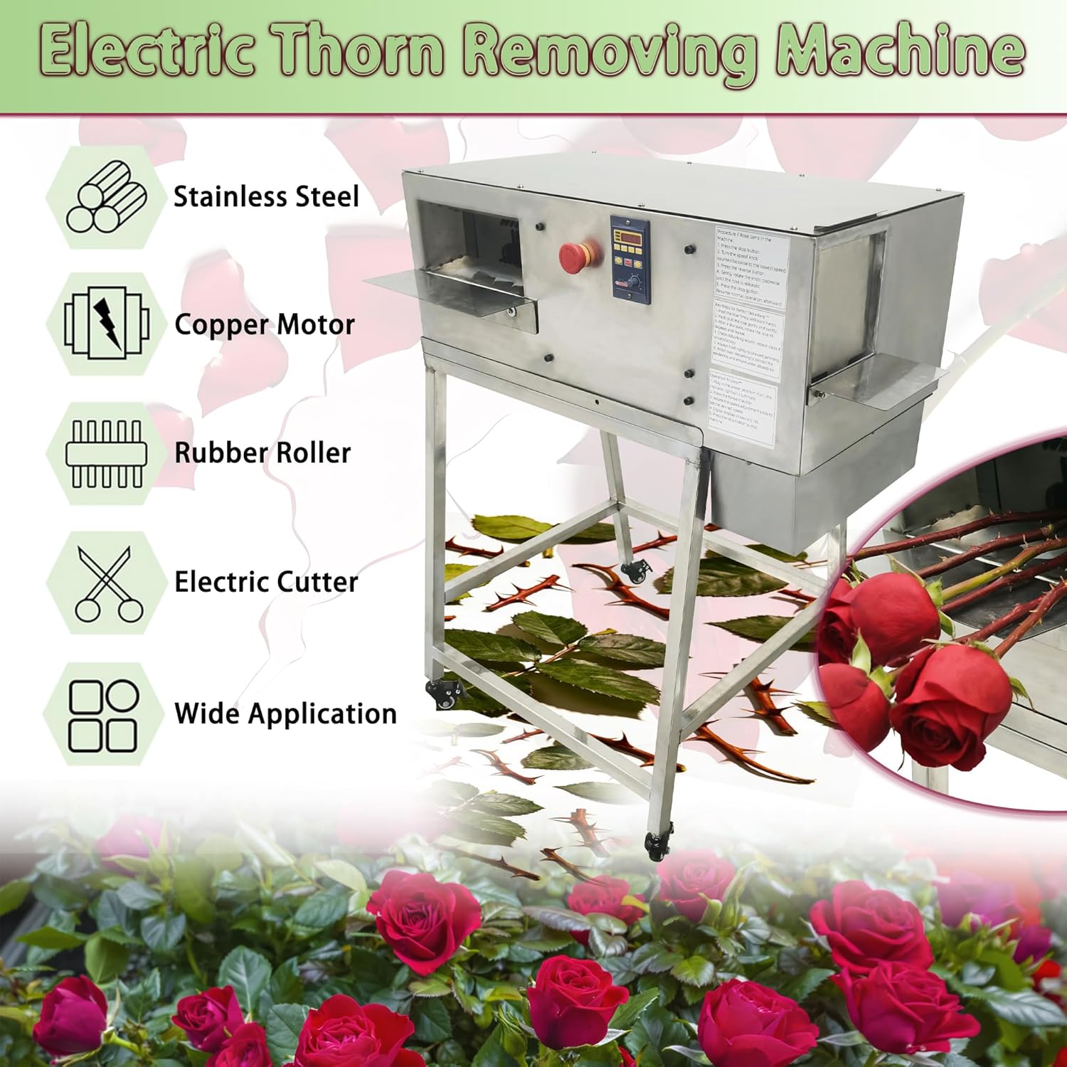 110V Automatic Flower Thorn Remover Leaf Stripper Machine, Stepless Speed Rose Stem Cutter, Stainless Steel Electric Rose Thorn Stripper Tool for Home DIY Gardening Florists & Flower Shops