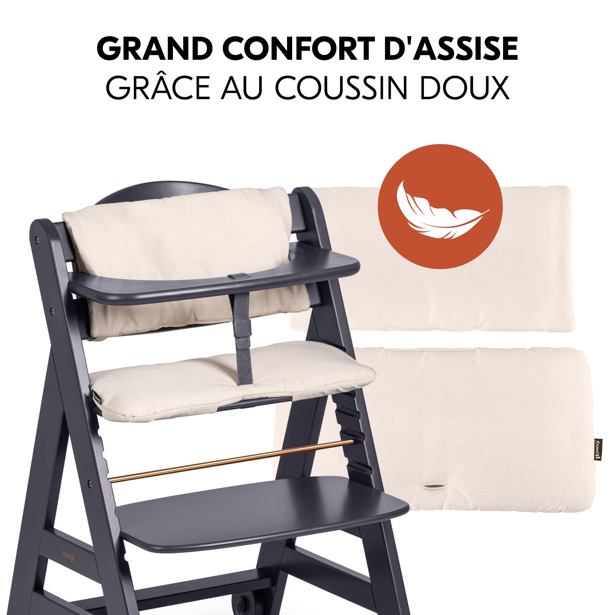hauck Chaise Haute Bébé Beta+ avec Siège Nouveau-né Eco - Dark Grey | Chaise haute évolutive en bois, de la naissance à 90 kg, inclus assise bébé ergonomique, roues, plateau repas, coussin