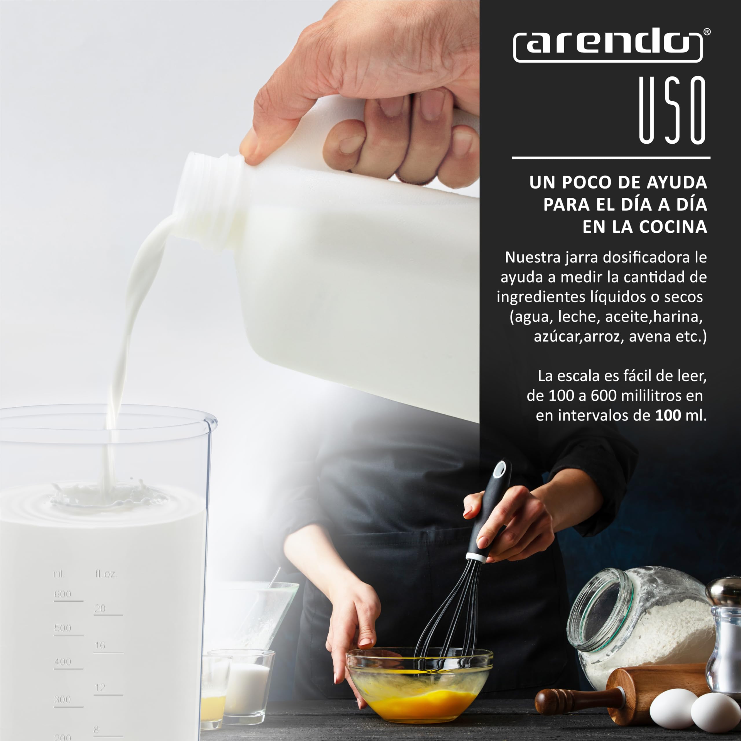 arendo - Jarra dosificadora de plástico 600 ml y 20 onzas - Jarra dosificadora Transparente - Ideal para Batidoras Eléctricas y de Mano.