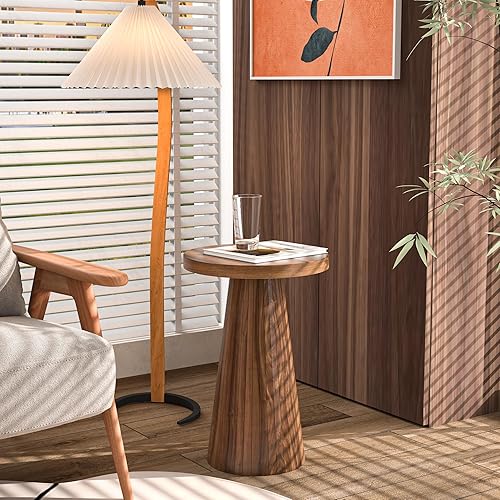 Miniatura 3 de Pequeña mesa auxiliar redonda con pedestal, mesa auxiliar de madera para sala de estar, mesa de bebidas acanalada para espacios pequeños, mesa