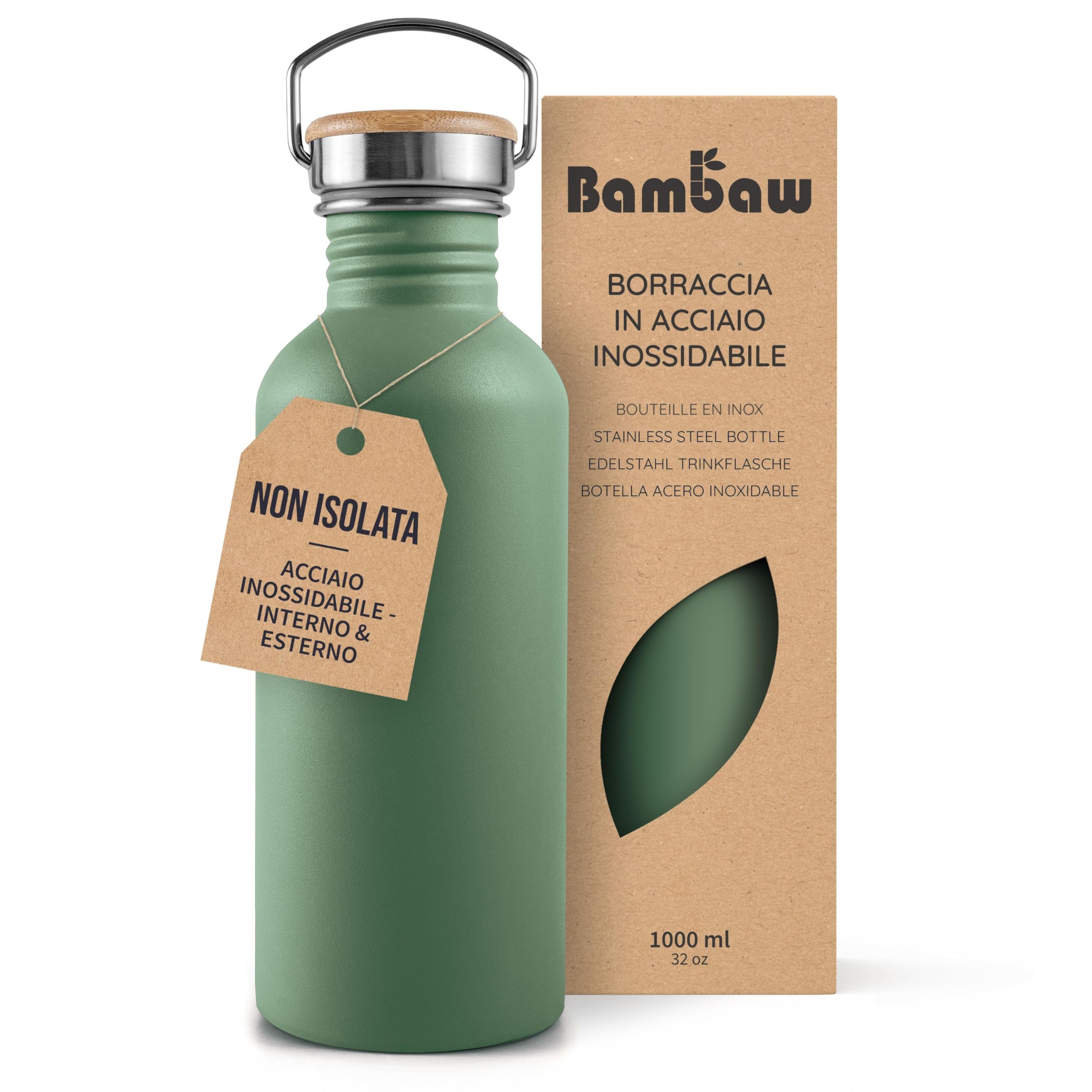 Bambaw Borraccia 1L Acciaio - Sport, Palestra, Fitness - Verde Salvia-image