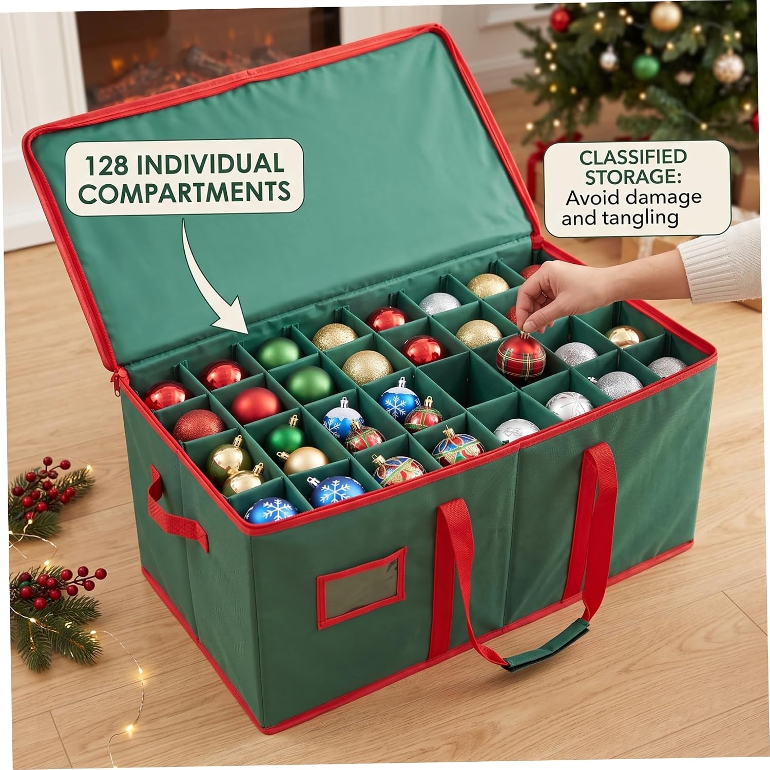 Christmas Storage 128-compartment Ornament Organizer with Handle Green