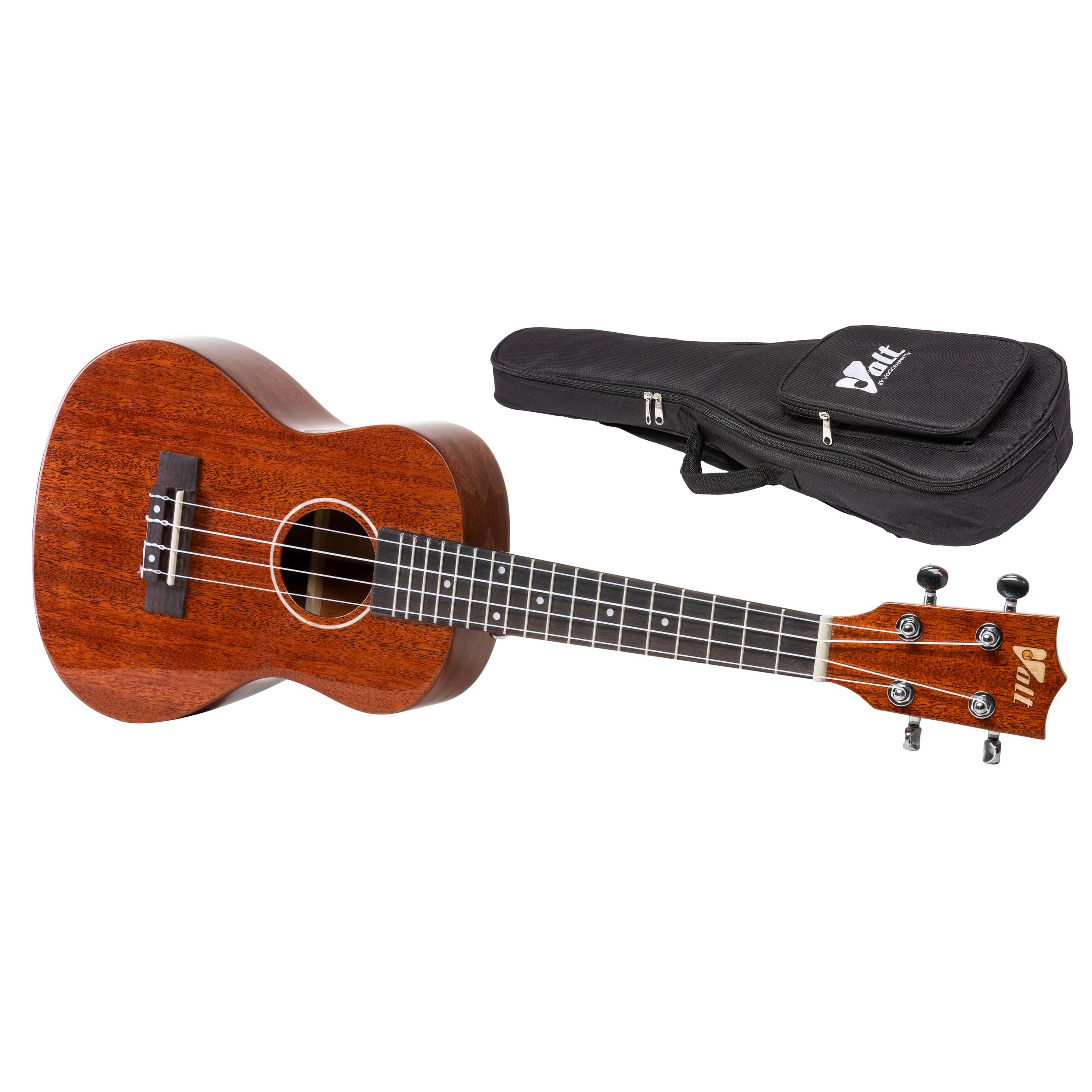 VOLT - Ukelele Riva, tamaño tenor, tapa maciza de caoba, diapasón: palisandro, acabado brillante, adornos de nácar, longitud: aprox. 660 mm, con botones de correa, incluye funda forrada