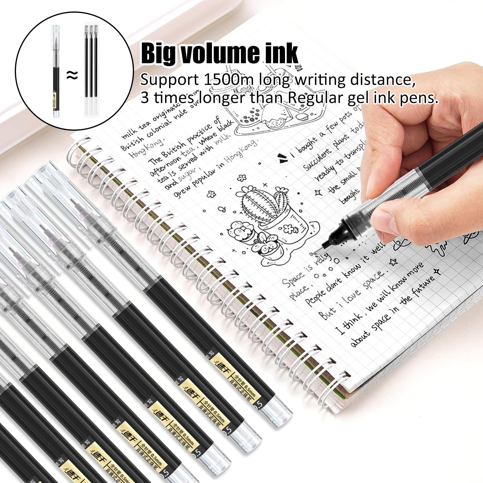 VducK Gel Pens, 12 Pcs Black Ink, 0.5mm Quick-Drying Liquid Ink Rollerball for Journaling Writing, Office School Stationary Supplies - Image 4