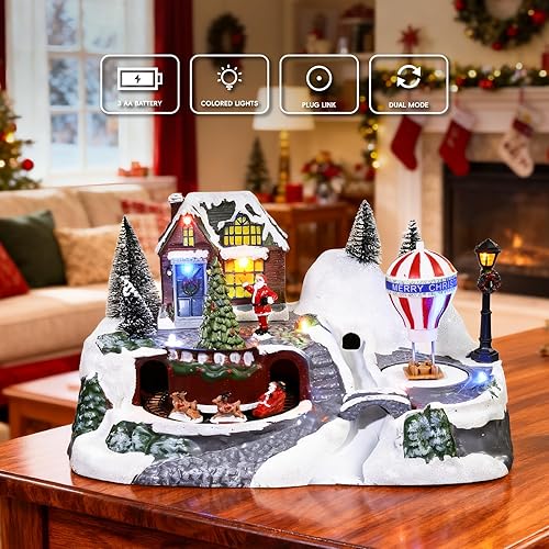 Miniatura 2 de Casa de pueblo navideño con tren, 8 canciones de Navidad y luces LED, edificios coleccionables para decoración interior del hogar de vacaciones