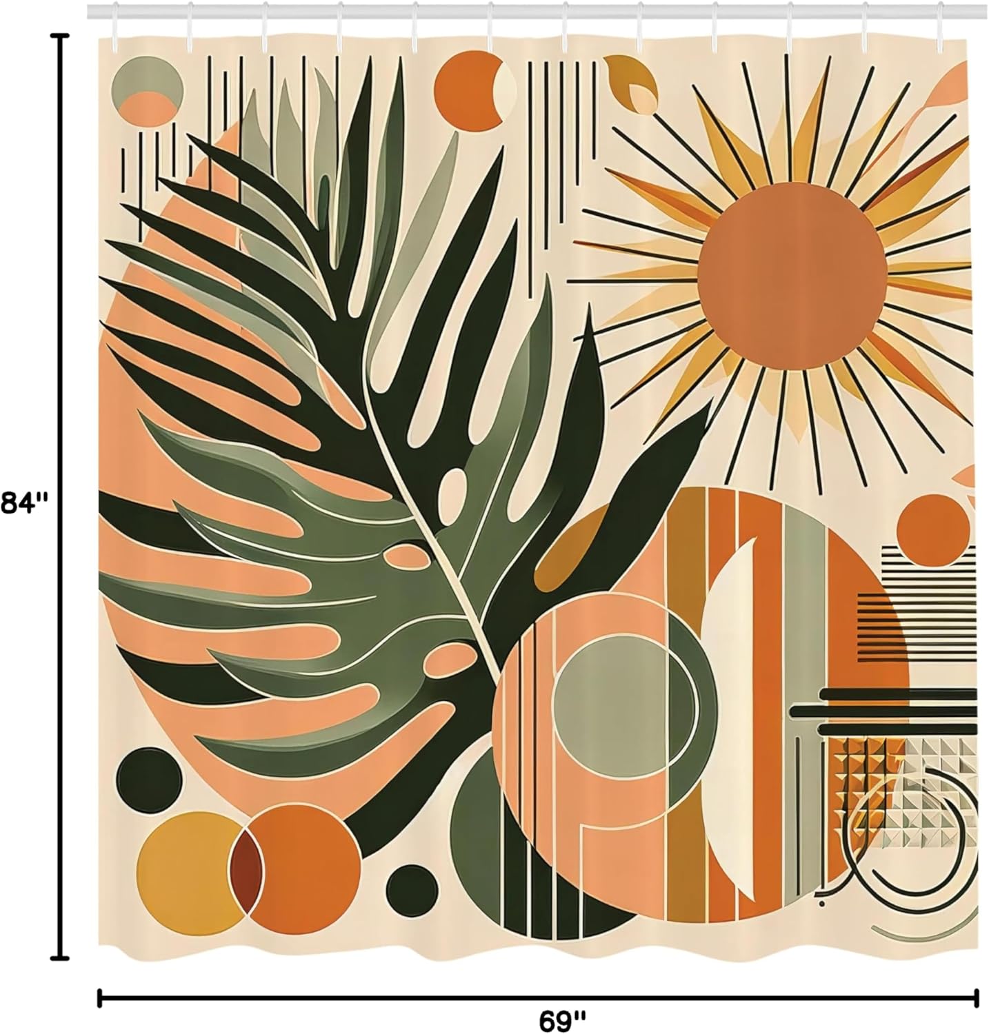 Ambesonne Monstera Shower Curtain, Leaves and Sun Abstract Boho Mid Century Pastel and Dark Colors, Cloth Fabric Bathroom Decor Set with Hooks, 69" W x 84" L, Peach and Pale Reseda Green