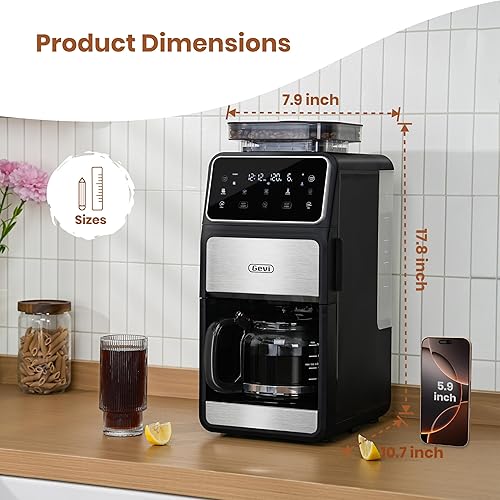 Miniatura 6 de Gevi Cafetera para moler y preparar 10 tazas con molinillo de rebabas integrado, pantalla táctil programable, mantiene el calor de 4 horas, filtro