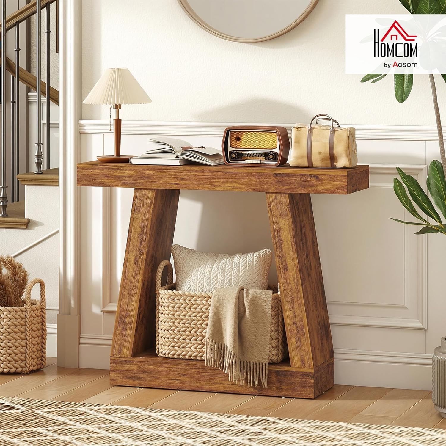 HOMCOM 41.7" Entryway Table, 2-Tier Farmhouse Console Table with Thickened Tabletop, Storage Shelf and Trapezoidal Base for Entryway, Behind Couch Sofa, Living Room, Hallway, Entrance, Rustic Brown
