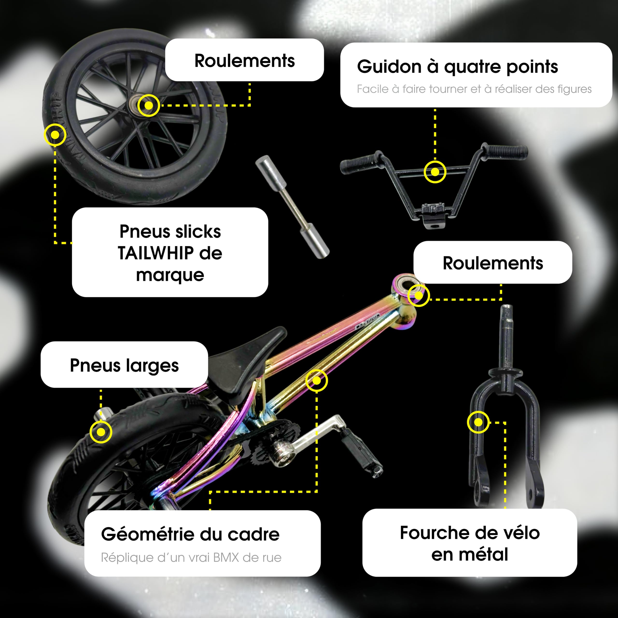 TAILWHIP Finger BMX, Mini Fahrrad Spielzeug mit echten Metall-Kugellagern ( 6X), Fingerbike aus Metalllegierung für Coole Tricks, ideal für Skatepark & kompatibel mit Finger-Skateboards, Multi