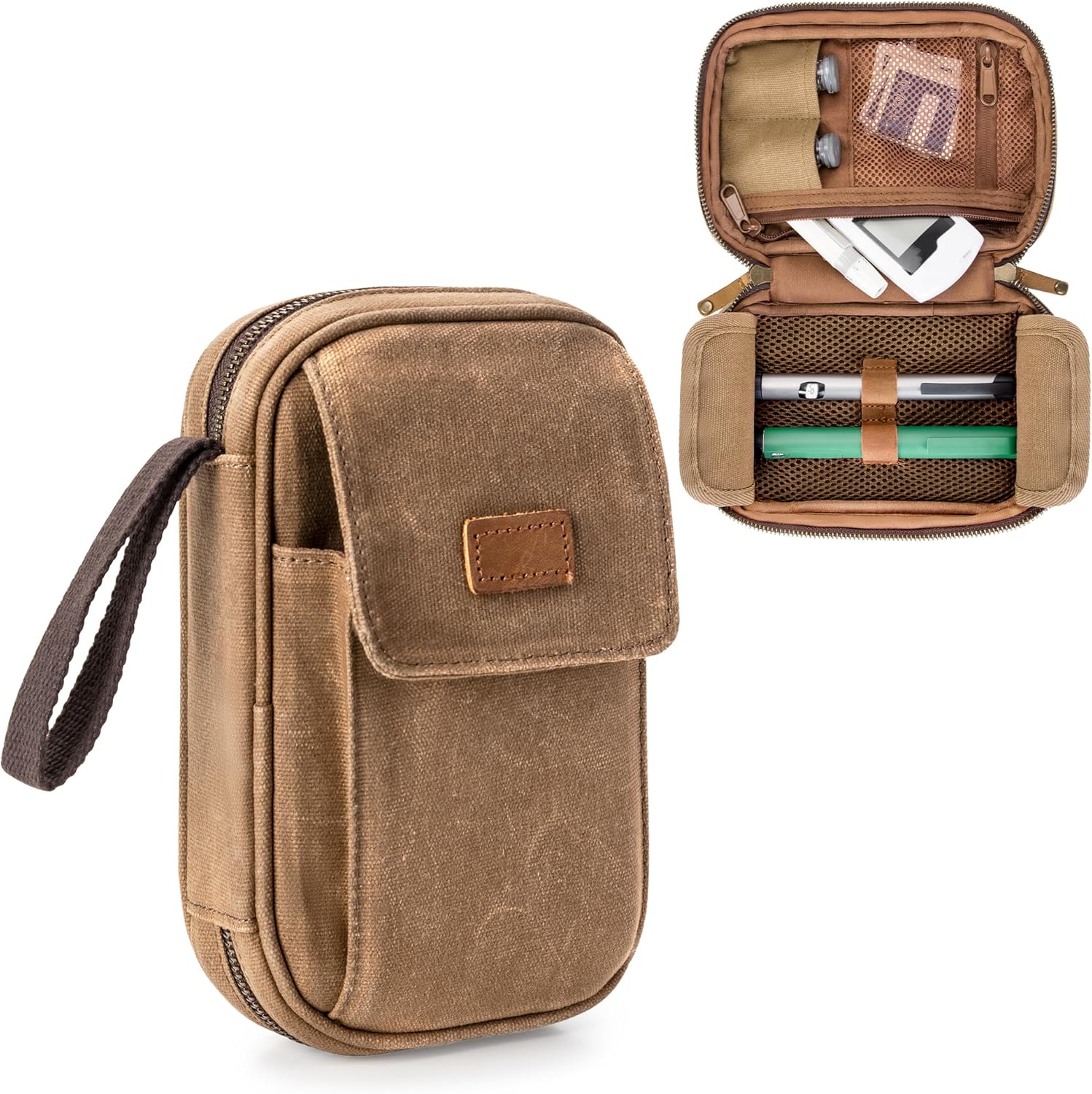Yarwo Diabetic Supplies Travel Case for Men, Waxed Canvas Diabetes Storage Smell Proof Bag with Leather Clip for Glucose Monitor, Insulin Syringe, Test Strips, Lancets & Diabetic Care Kits (BAG ONLY)